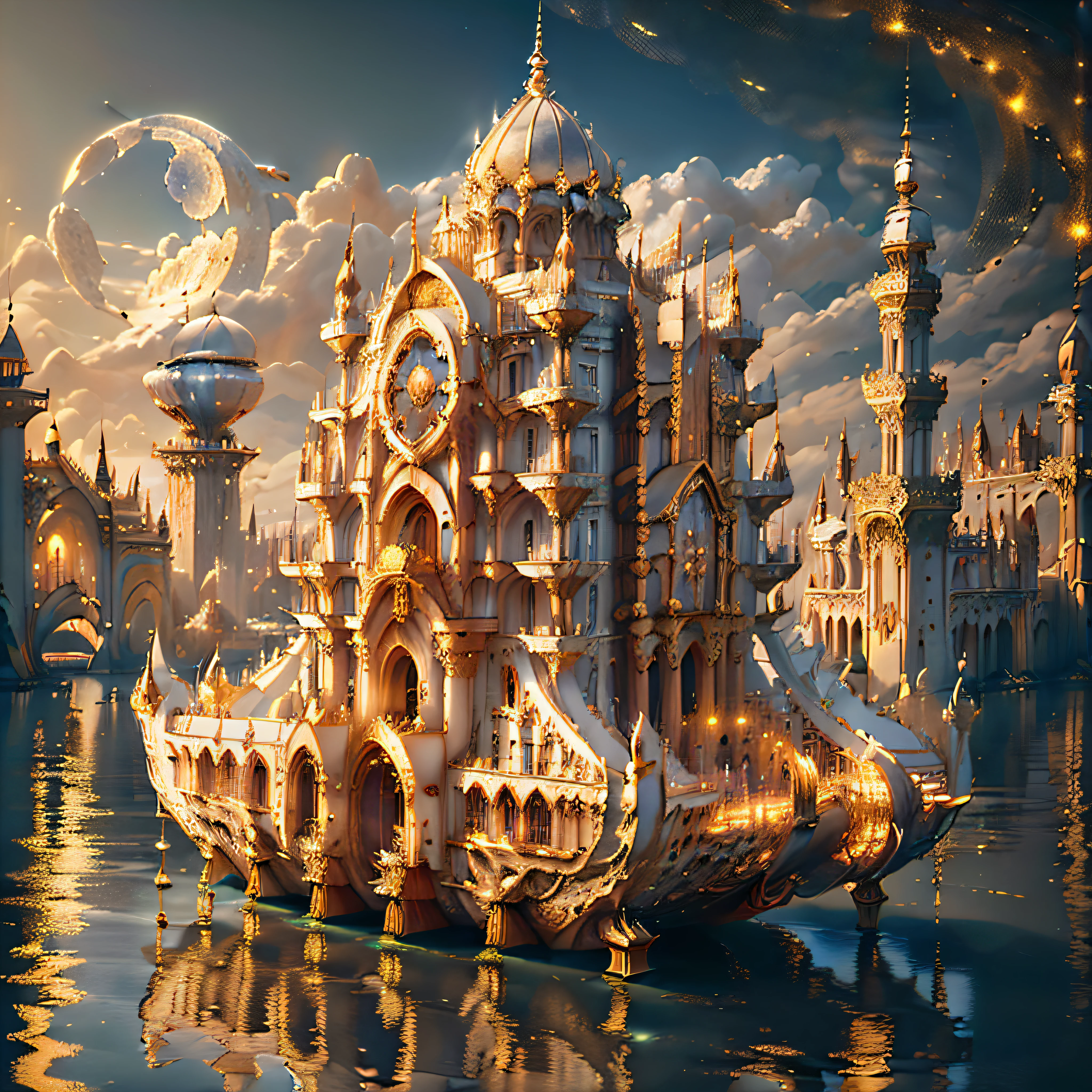 ((((Masterpiece)), Ivory Gold AI City at Night, Isometric, 3D rendering, Very high definition, High detail, There is a big clock on a plate in the water, gorgeous spaceship painting, 4K highly detailed digital art, gorgeous gilded space machine, golden steampunk city atmosphere, fantasy. gondola boat, shocking fantasy 3d rendering, futuristic persian palace, fantasy highly detailed, beautiful detailed fantasy, futuristic palace, detailed fantasy digital art, magic fantasy highly detailed