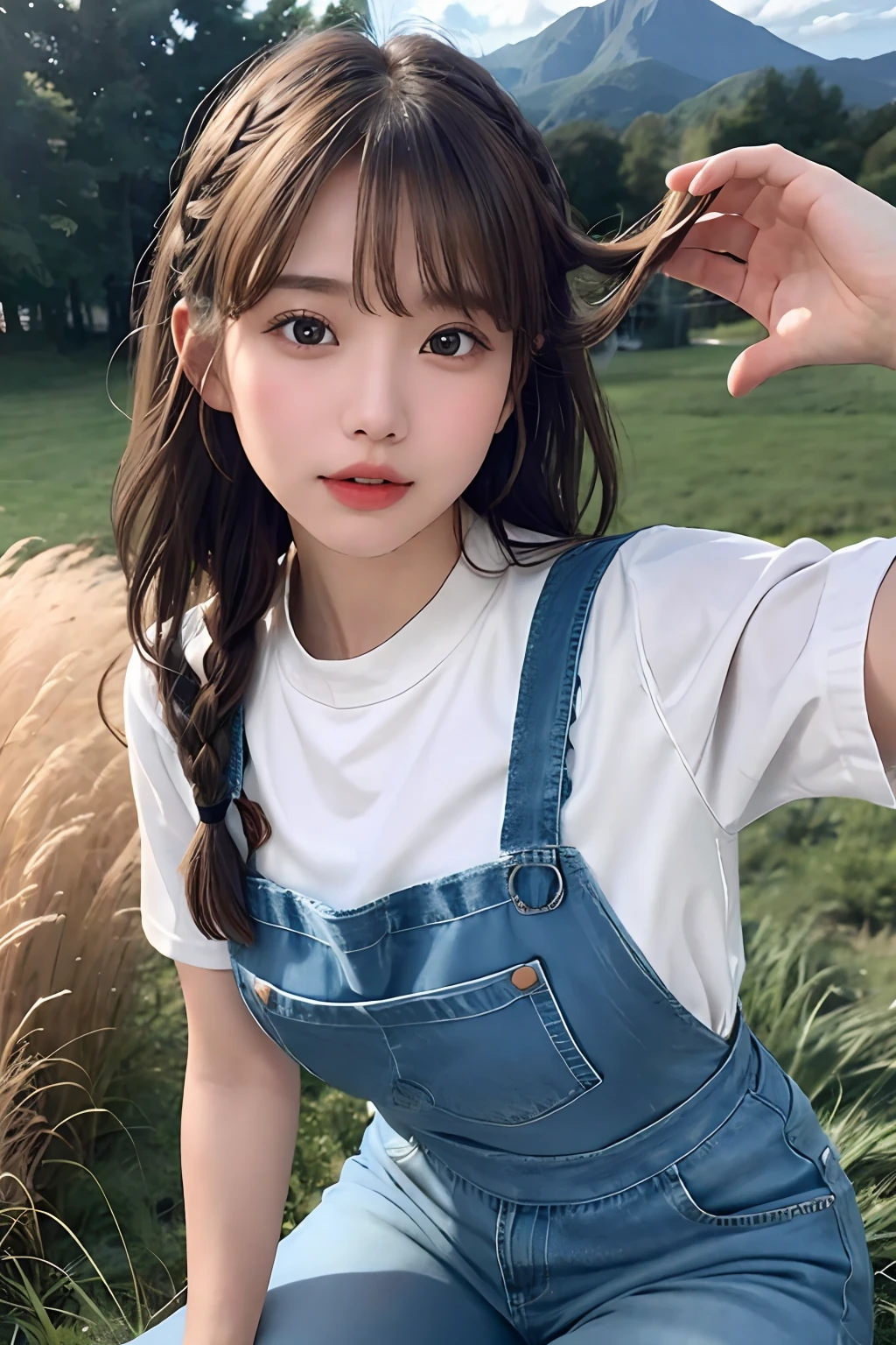 (From below:1),((1girl in)),Light Brown Fringe Hair、Braided hair、disheveled hair、Light brown eyes、(dignified expression)、(Jeans apron),(爆乳)、Emphasize the valley、grass field、blue-sky、(Photorealsitic)、(intricate detailes:1.2)、(masterpiece、:1.3)、(top-quality:1.4)、(超A high resolution:1.2)、超A high resolution、(A detailed eye)、(detailed facial features)