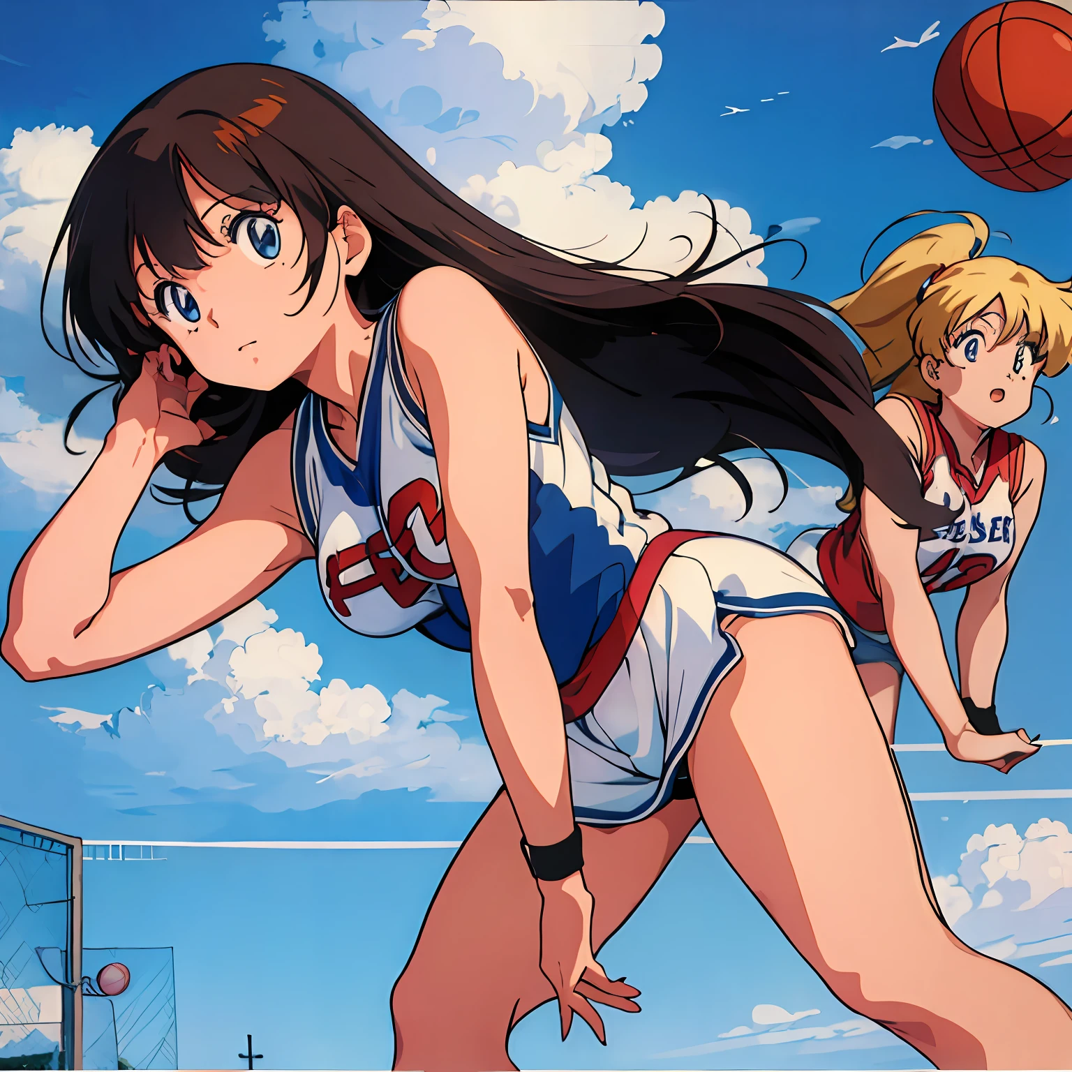 (masterpiece), (best quality), (1girl), solo, perfect body, basket ball player, big breast, anime, 1980s style