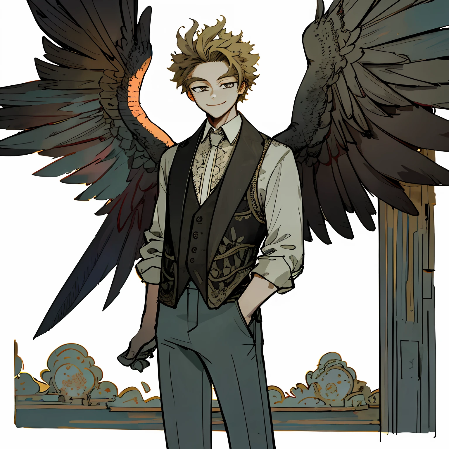 1((Masterpiece,Best quality,Highest quality,illustration,Intricate details)),1boy,Solo,Male focus,hawks,Smile,Wings,standing,Pants,Looking at the camera