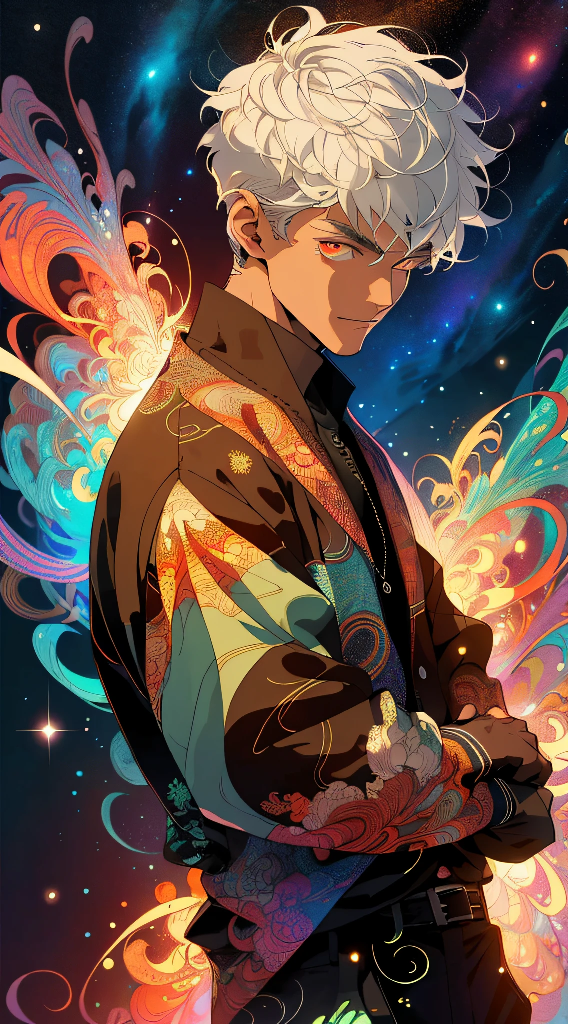 Realistic, (Masterpiece, Top Quality, Best Quality, Official Art, Beauty and Aesthetics: 1.2), Very Detailed, Fractal Art, Colorful, Most Detailed, Zentangle, (Abstract Background: 1.5) (1boy: 1.3), God, White Hair, Short Hair, (Glowing Red Eyes), Mysterious, (Magic), Handsome Man, Firefly, Starry Sky, Bamboo Forest
