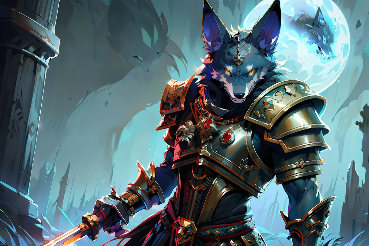 arafed image of a man in armor holding a sword, wolf armor, husky in shiny armor, dark fox mage, fantasy wolf portrait, epic fantasy style art, mystical anubis valkyrie, fenrir, detailed digital 2d fantasy art, epic fantasy style, furry fantasy art, epic fantasy digital art style, epic fantasy art style hd, fantasy warrior, warwick saint