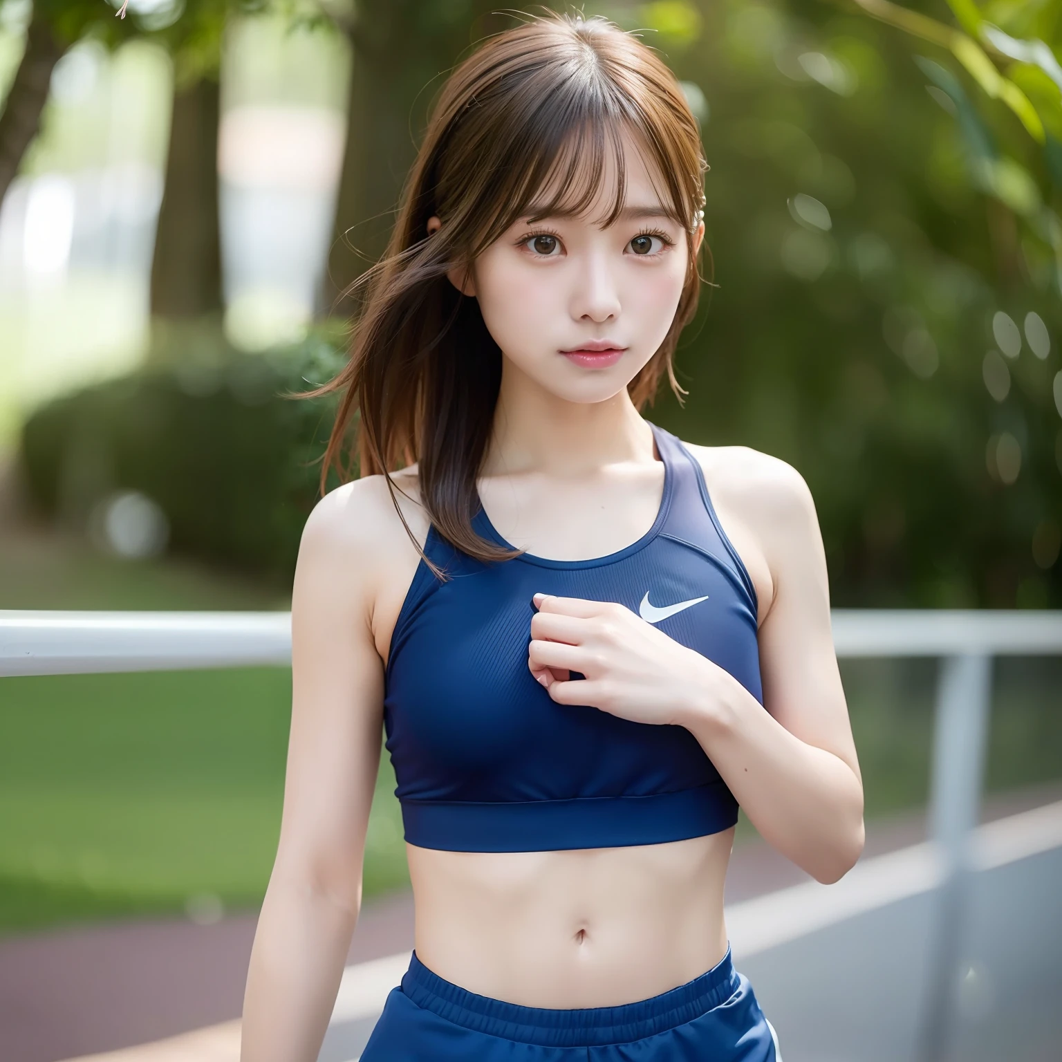 (((Sports, Short, Long, Running, Jogging, Marathon, Exercise, Athletics, Running, Running Posture, Running, Feeling of Galloping, Sweat, Sweat, Sweating Lots)))), ((blue thin nike sports bra: 1.3, thin fitted red, Lower, Swaying, Hetero)), ((Red bloomers, Blue, Bloomers: 1.2, Low Rise)), (Athletics, short srorty Hair, Floating Hair, Hair and Clothes That Flutter in the Wind, High School, Slender Abs: 1.2, Navel, Serious Look), (The shape of the pubic area is clearly visible)), Blushing, NSFW, 8k, RAW Photo: 1.2, (Best Quality: 1.4, Masterpiece: 1.4), Super Detail, Best Illustration, Ultra High Resolution, Portrait, Film Grain, 1girl, POV, Depth of Field, Photorealistic: 1.4, detailed hair, realistic hair, realistic lighting, realistic shadows, realistic clothing, realistic skin, natural skin texture, portrait: 0.6, light particles, lens flare, glowing particles: 0.6, bokeh: 1.2, clean: 1.8, professional lighting, photon mapping, radiosity, physically based rendering, incredibly absurd, Glossy skin, pale skin: 1.2, PureErosFace_v1: 0.7, fair skin: 1.1, round face: 1.5, mouth open, puffy eyes, purple eyes, double eyelids, egyosar: 1, floating hair, makeup, Japan girl, lovely thighs, shining thighs, shining legs, flat titts, sweaty skin and crotch stain, bra with hard protruding small nipples, (satomi ishihara: 1.2)