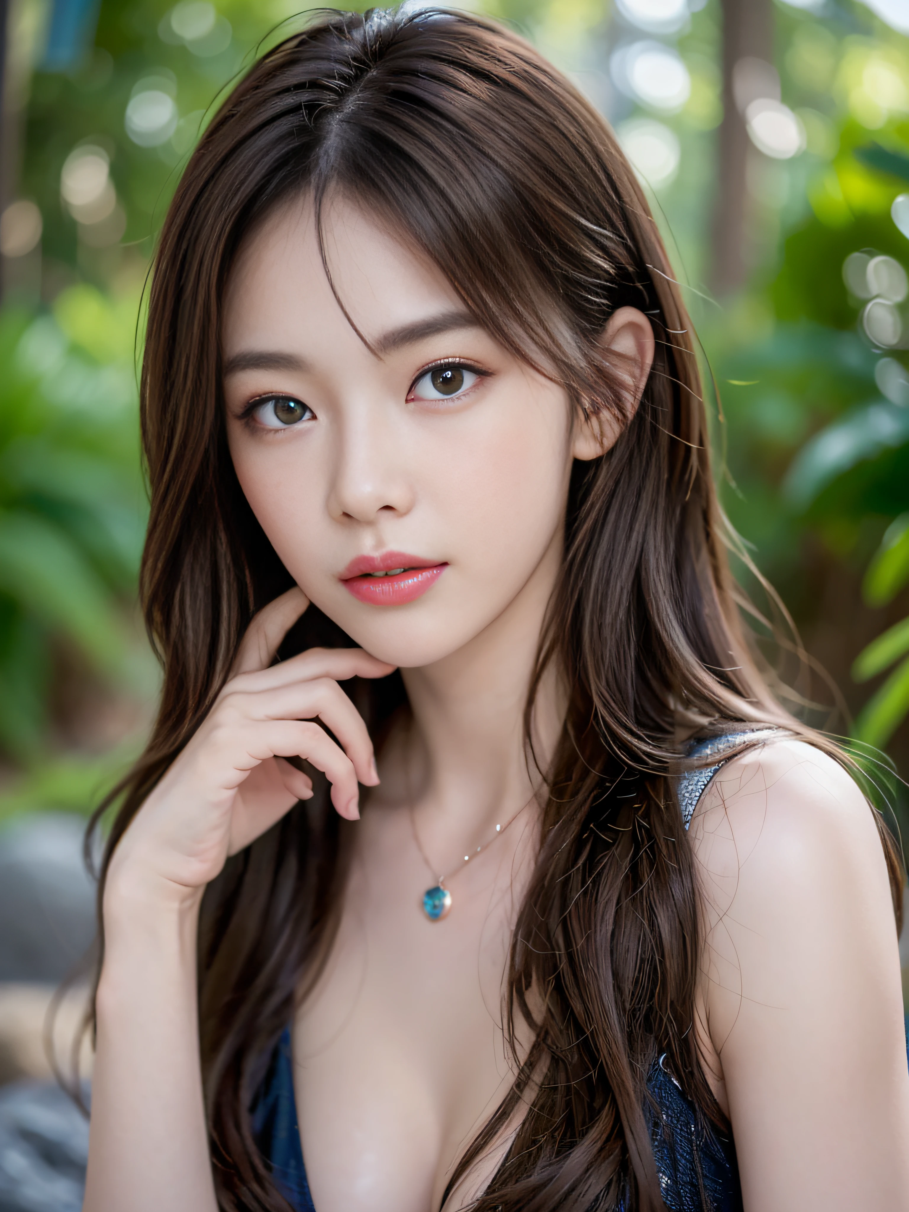 ((Realistic lighting、top-quality、8K、masterpiece:1.3))、Clear focus:1.2、NSFW:1.2,(nudde:1.2)、((realisitic)) , ((Real Light、top-quality))、Model body type:1.4、(dark brown hair、tits out:1.2)、dark-brown eyes、length hair、tropical rainforest、(24 year old:1.3)、hyperdetailed face、A detailed eye、二重まぶた、a necklace、Hair over one eye、high-heels、eye line、falls、on top of a rock、Raking up your hair with both hands
