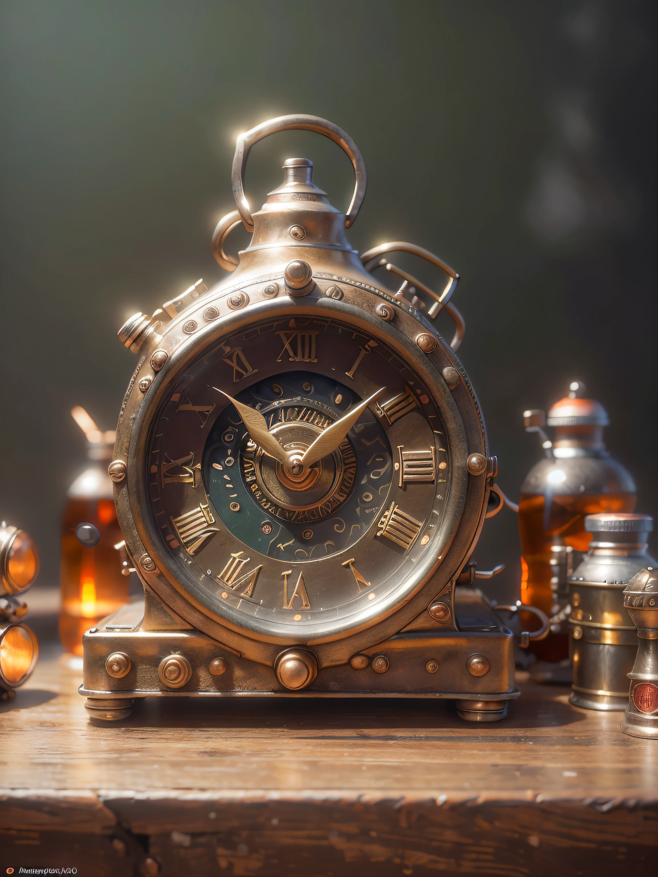 close up photo ((orthogonal front view)) of a compact still life with small decorative marble ancient mystical votive statue, table clock, glasses, bottles, flasks, with decorative items and jewelry, flowers, etc. RAW, analog style, cinematic lighting, contrast lighting, dslr, photorealistic, hyperrealistic, neutral colors, lifelike texture, insanely intricate details, amazing fine detail, hyper detailed, film grain, sharp focus, volumetric fog 8k, ultra high res, photographed with Nikon d5600 f5.6 lens 500mm, Kodak portra 400