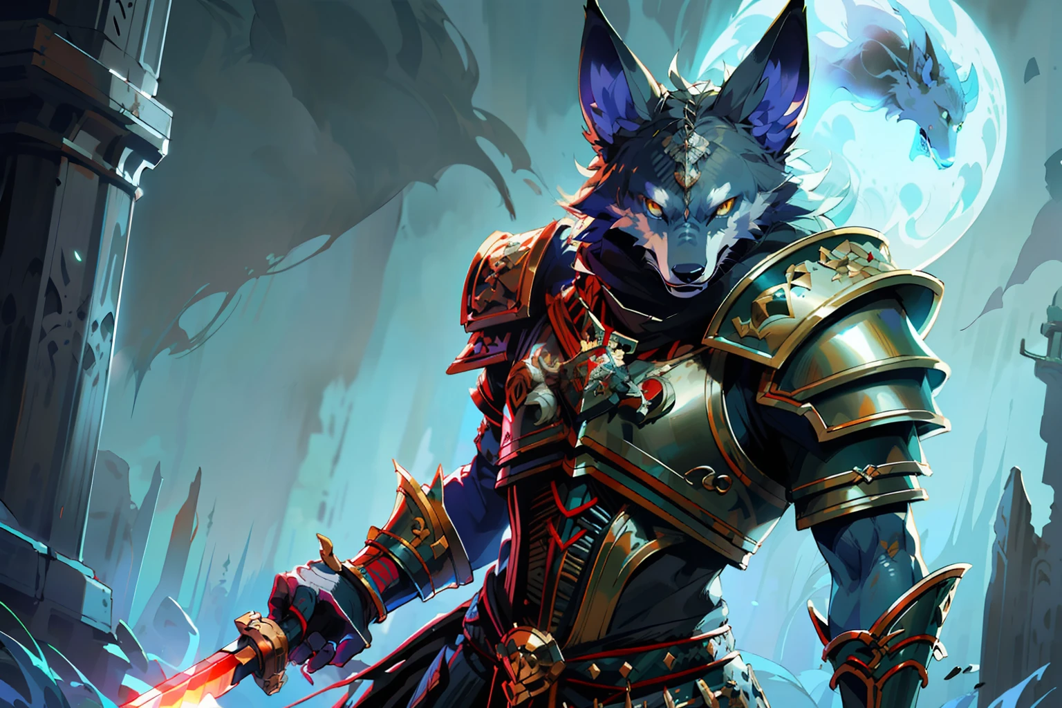 arafed image of a man in armor holding a sword, wolf armor, husky in shiny armor, dark fox mage, fantasy wolf portrait, epic fantasy style art, mystical anubis valkyrie, fenrir, detailed digital 2d fantasy art, epic fantasy style, furry fantasy art, epic fantasy digital art style, epic fantasy art style hd, fantasy warrior, warwick saint
