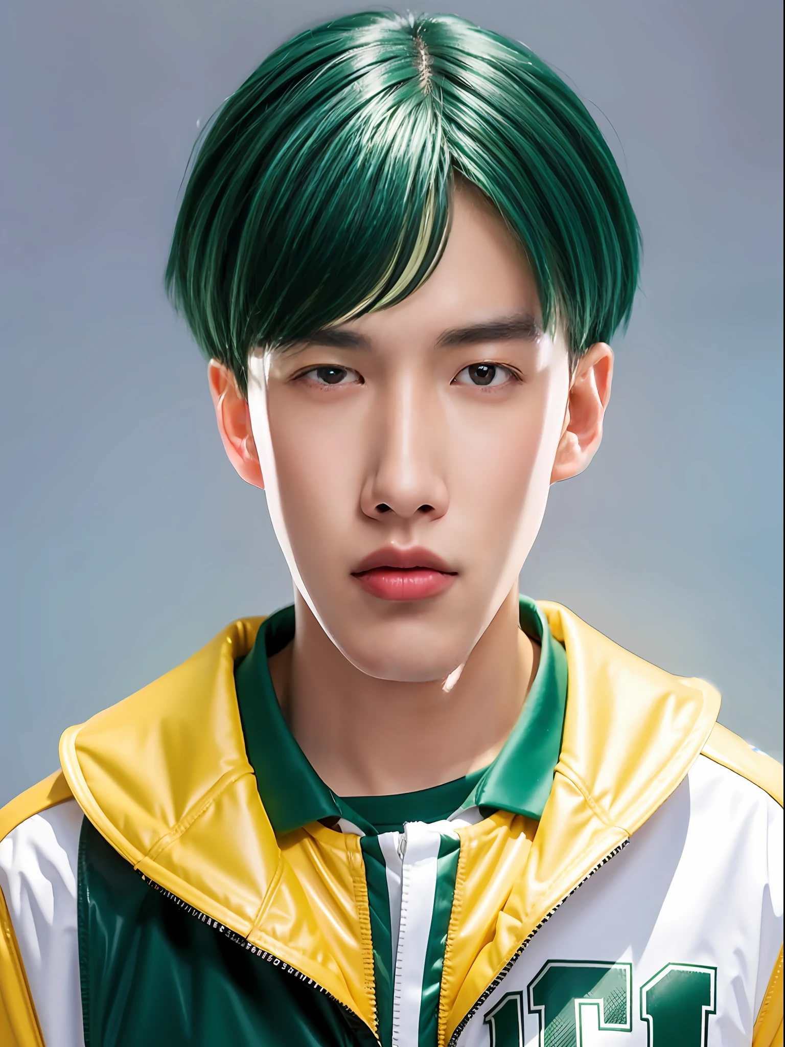 A 16-year-old male high school student，Wearing a PVC basketball uniform，Green hair