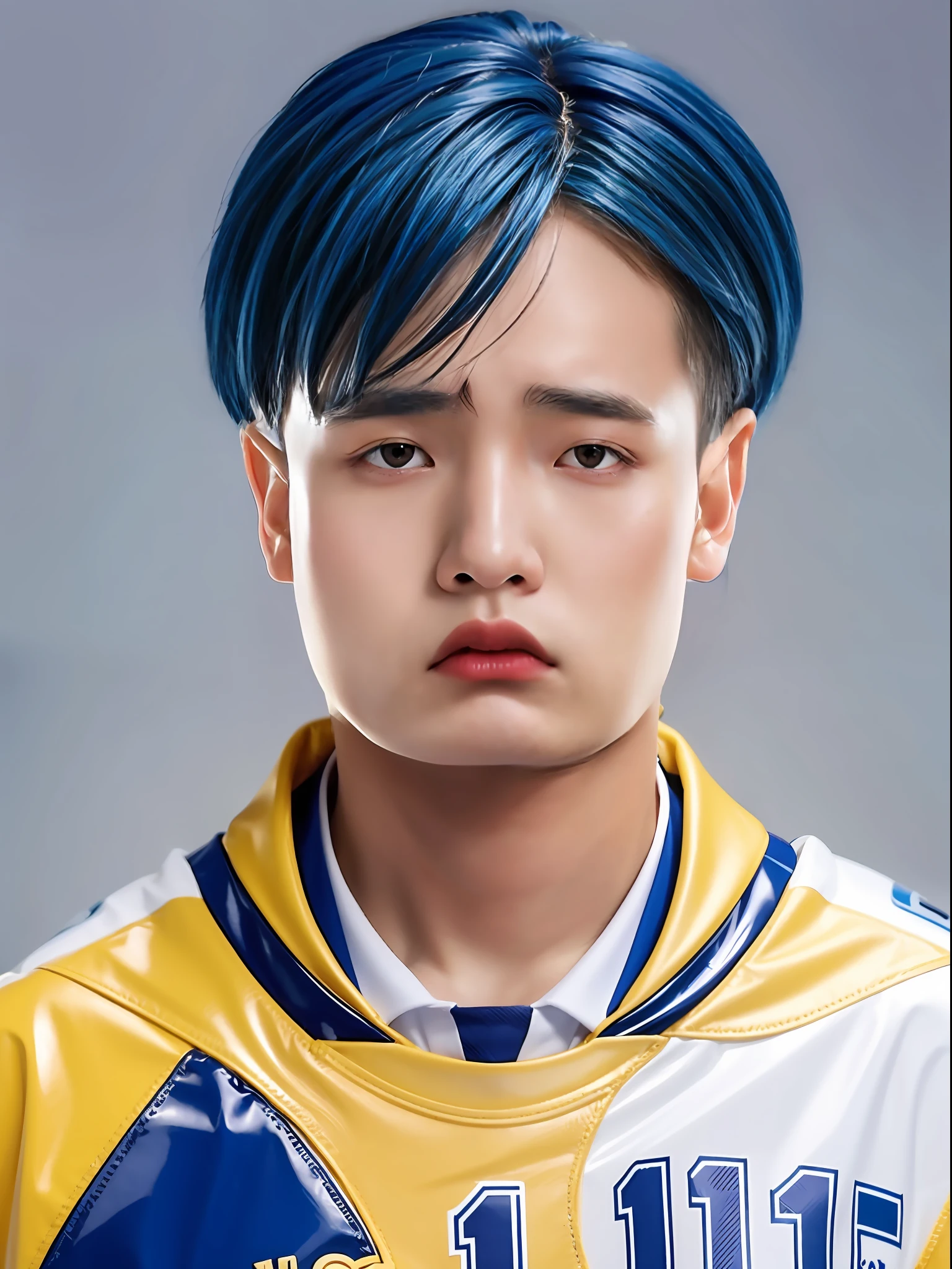 A 16-year-old male high school student，Wearing a PVC basketball uniform，blue hairs