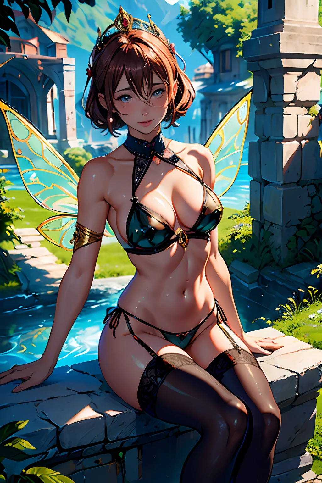 "There is a ((fairy)) ((fairy with dotted ear)) ((Back, showing her vajina)), fantasy, with short brown hair. sitting on a throne, with a crown, golden, fairy queen,. (DARK hair). (((Bajina remarked)). Note "even the smallest details of the image, especially the details of the eyes, Emphasizing realism. This official Unreal Art Wallpaper (8k)is a highly detailed, beautifully detailed, Aesthetic masterpiece of the highest quality. The use of dynamic angles shows the elegance and romanticism of the image. This character has large breasts, no panties". Stockings, tight transparent silk, Super thin clothes, (( He commented)) Tight transparent thin fabric, (( exposed)) visible navel, legs open, ((Bajina remarked)) ((Erotic lingerie thin transparent bikini)) squeezing her breasts, ((without clothes)) ((blushing)) ((happy))
