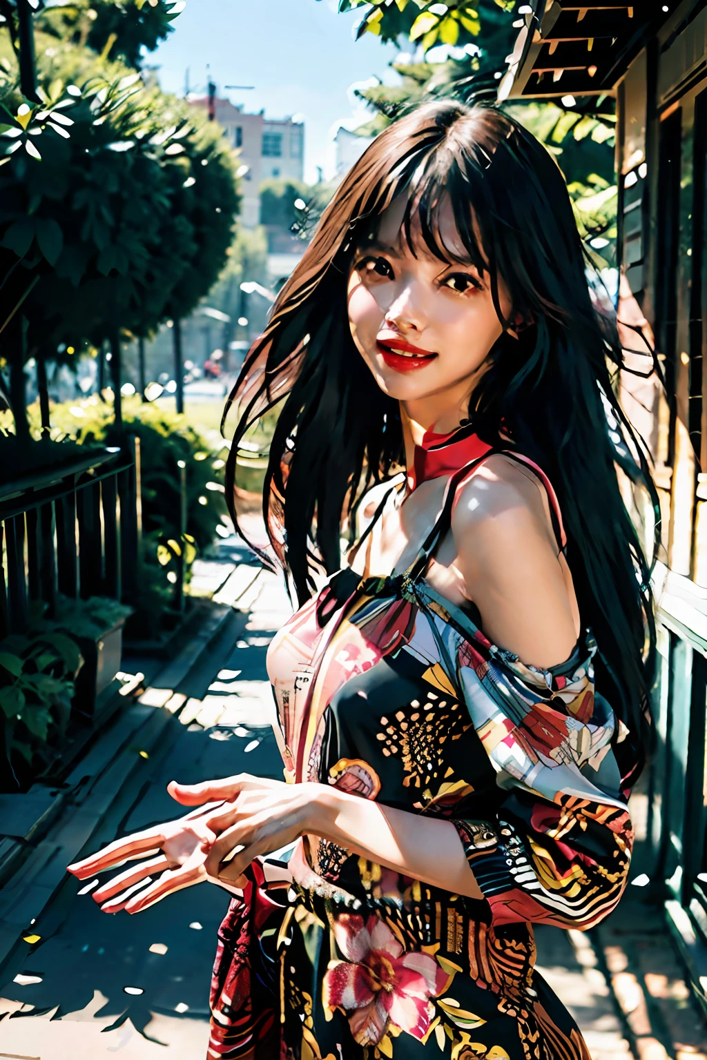 Best quality, masterpiece, ultra high res, raw photo, beautiful and aesthetic,deep shadow, dark theme,(photorealistic:1.4),
(1girl, long hair, laughing, (wind blowing hair, black hair with bangs), print shirt, small face, off shoulders), slim body, fit, cowboyshot, fashi-girl,
Graceful poise, evocative atmosphere, magnetic presence, refined seduction, captivating mystique,
Intricate zentangle patterns, a single female figure, astonishing level of detail, generously endowed, portrait composition, striking perspective, a chaotic masterpiece, gracefully poised, inspired by brutalist architecture, vibrant color palette, undertones, outdoors,