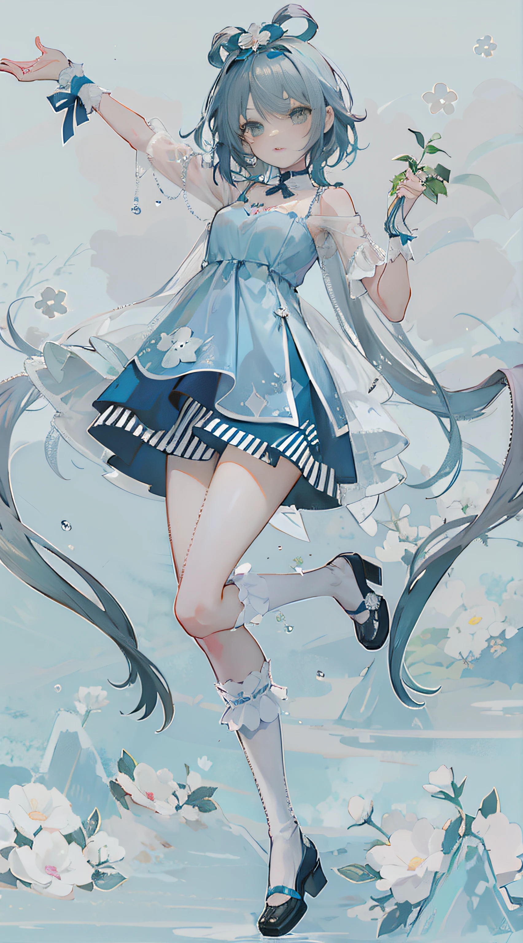 Anime girl in blue dress,Holding a flower in hand, cute anime waifu in a nice dress, loli in dress, (Anime girl), Soft anime illustration, Digital art on Pixiv, Pixiv style, anime art style, Anime goddess, anime moe art style, anime visual of a cute girl, Splash art anime Loli, anime full body illustration