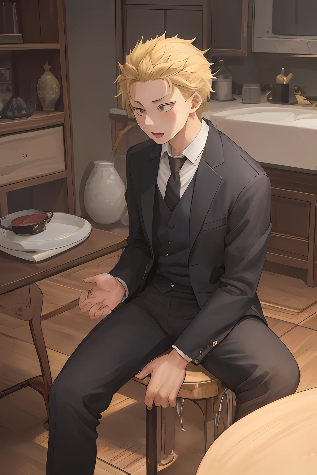 A high resolution， Sharp focus， Pixiv masterpiece， （（Complicated details））， highly  detailed， natsuki_subaru， 1 man， with her mouth open，full bodyesbian，sit astride， Golden eyes（eyes glowing）， blond hairbl， The shirt，Drenched，Gold tie，trousers，thongs，perspire，look from down