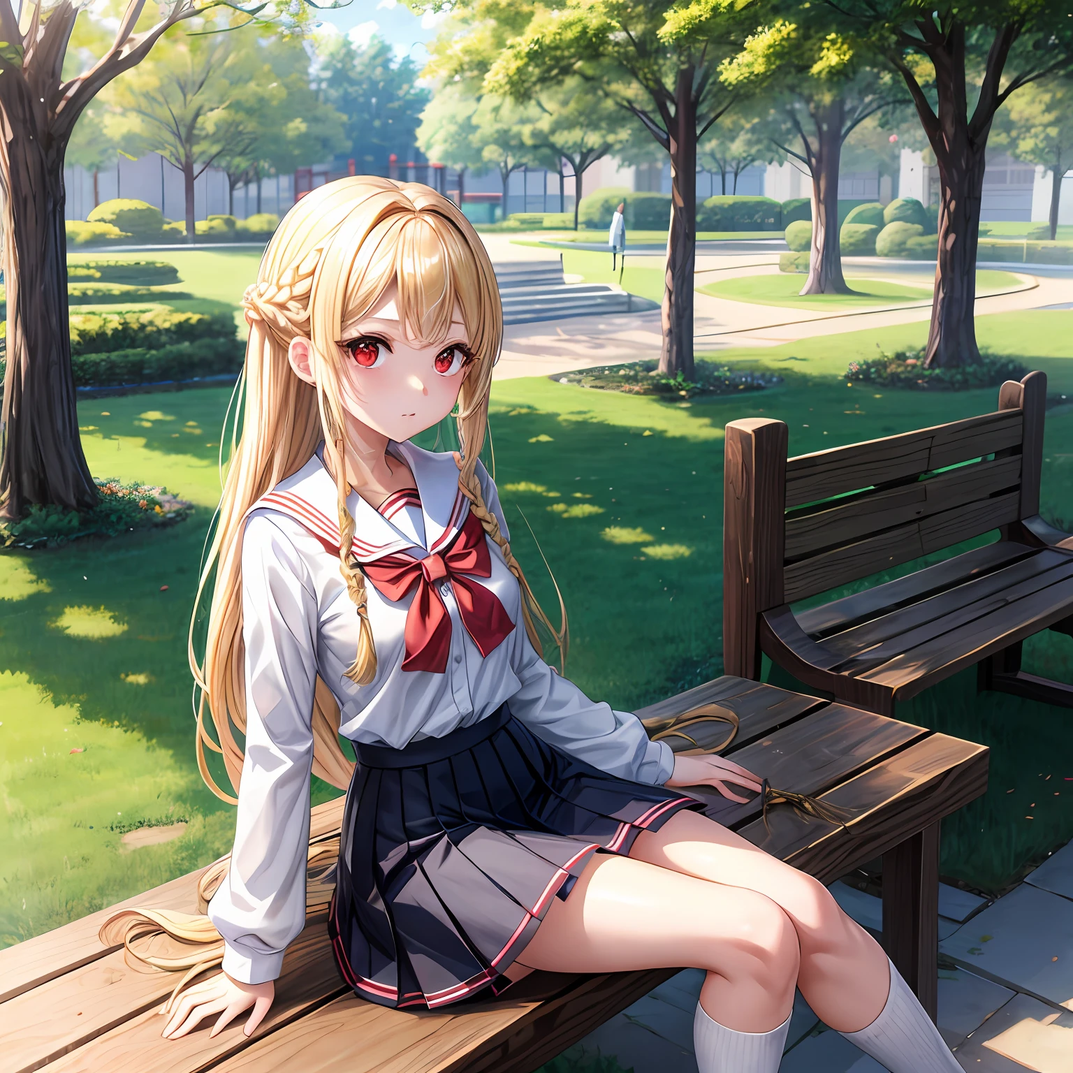 a blond、Braids、red eyes、One pretty girl、独奏、animesque、student clothes、a miniskirt、a park、sitting on