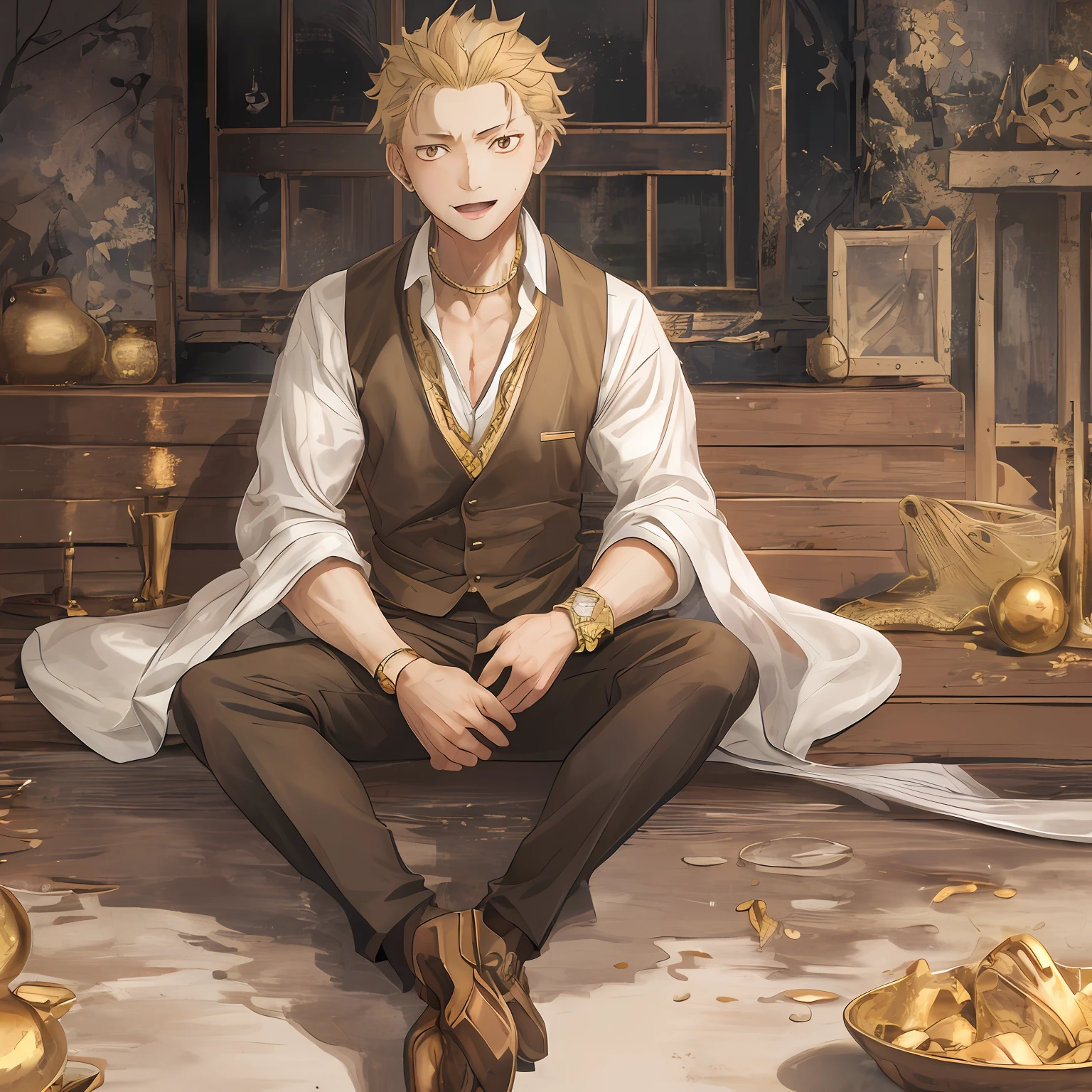 A high resolution, Sharp focus, Pixiv masterpiece, ((Complicated details)), highly detailed, natsuki_subaru, 1 man, with her mouth open,full bodyesbian,sit astride, Golden eyes(eyes glowing), blond hairbl, The shirt,Drenched,Gold tie,trousers,thongs,perspire,look from down