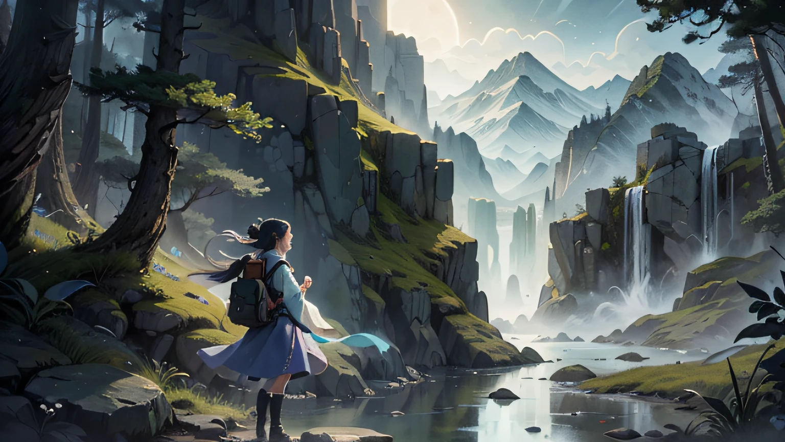 An illustration in the style of Hayao Miyazaki, featuring a young girl (one girl:1.6) with a determined expression, standing on a hill with the wind blowing through her hair. She wears a simple dress and a scarf, with a backpack on her back. The background is filled with a vast landscape of mountains and forests, with a sense of adventure and mystery. The scene captures a moment of courage and determination, as if the girl is on a quest to discover something important.