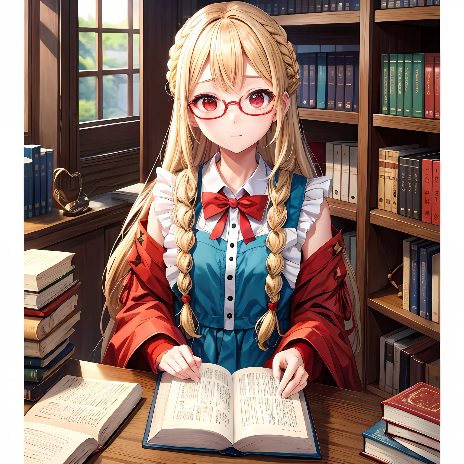 a blond、Braids、red eyes、One pretty girl、独奏、animesque、student clothes、eye glasses、Boken、book library