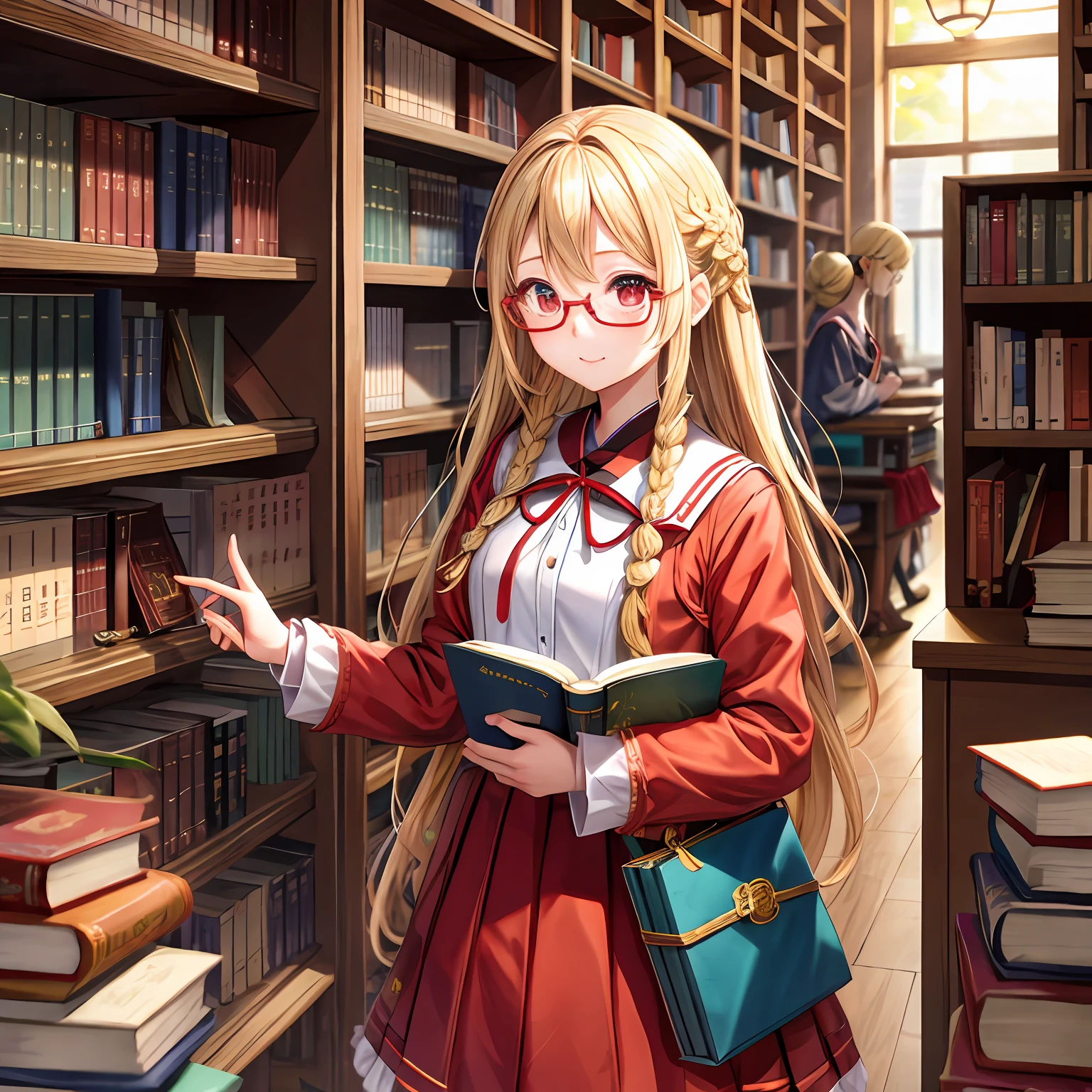 a blond、Braids、red eyes、One pretty girl、独奏、animesque、student clothes、eye glasses、Boken、book library