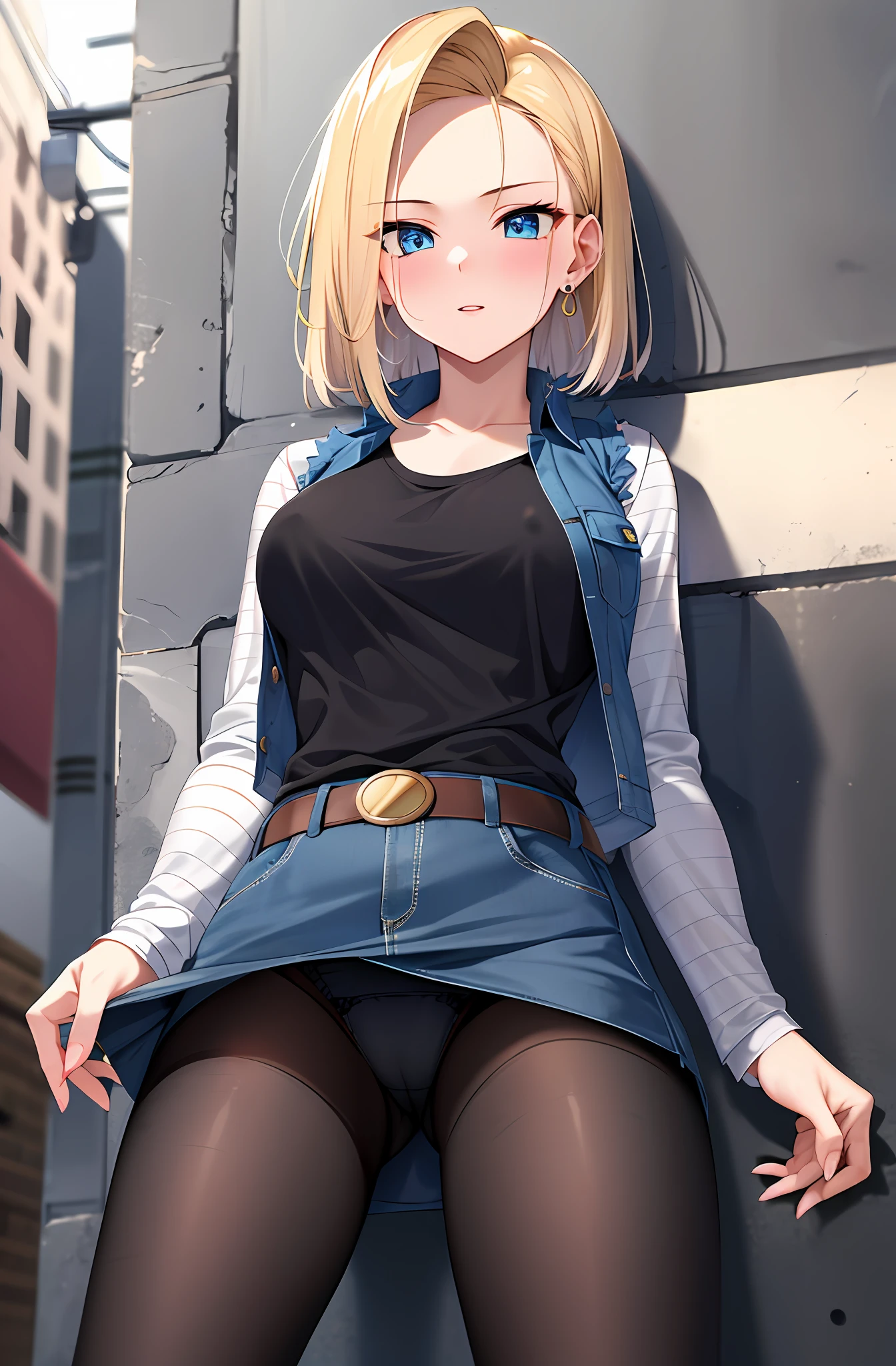 Best quality at best, A high resolution, and 18, 1girll, Android 18, 独奏, blond hairbl, eBlue eyes, short detailed hair, 耳Nipple Ring, jewely, denim vest, Open the vest, black pantyhoses, Black shirt, Denim skirt, Striped long sleeves, blue skirts,Stand against the wall,Exposed panties, cowboy lens, the street,((Open legs: 1.8))((Large breasts: 1.4)Erection of )