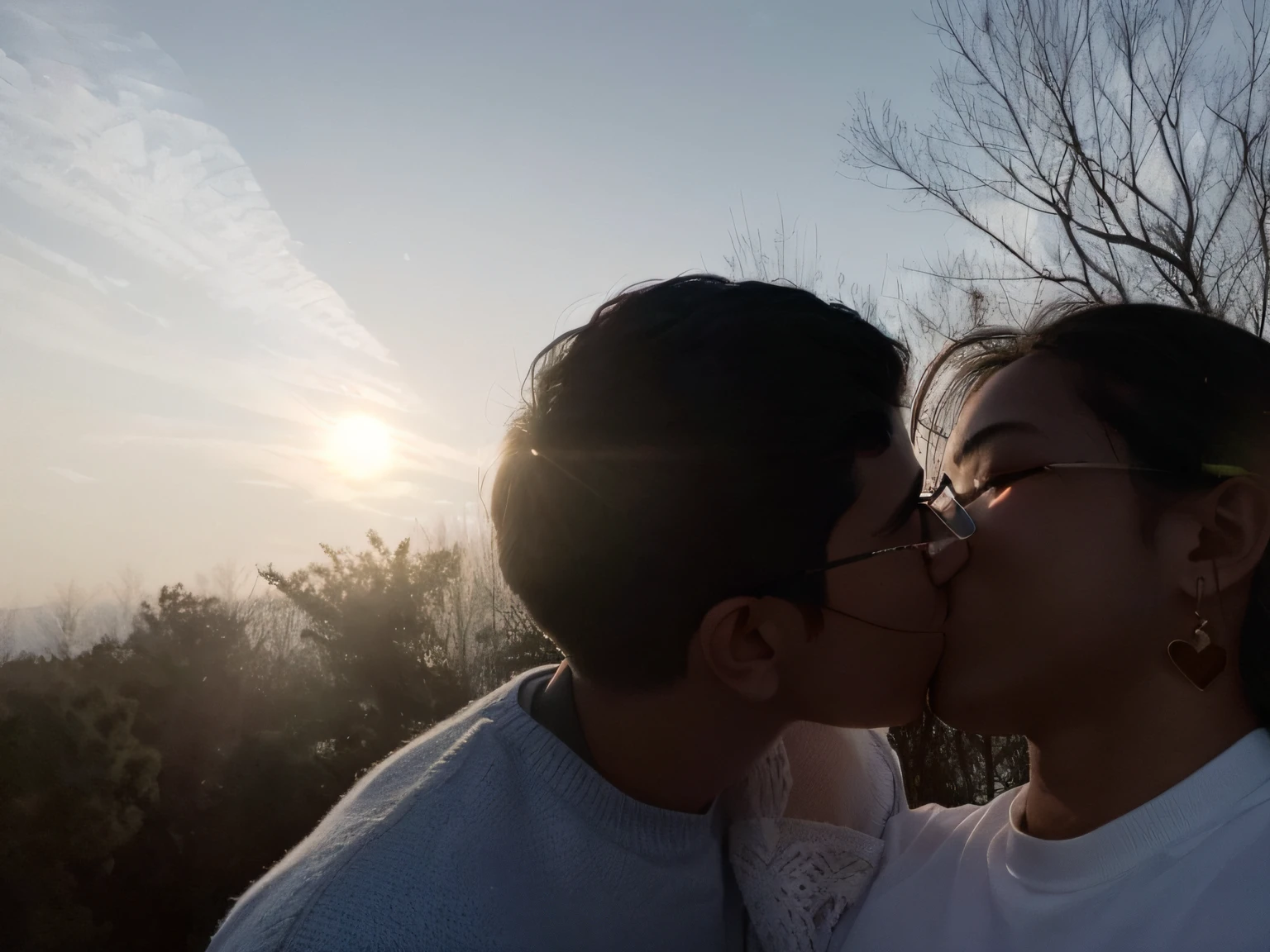 Two people kissing each other in the sun, kissing together cutely, With sunset, late sunset, kissing together, late sunset, with a sunset, couple kissing, There is a sun in the sky, taken at golden hour, Kissing each other, prime time, Sunset in the background, at a beautiful sunset, at the sunset, Sunset!, Kissing