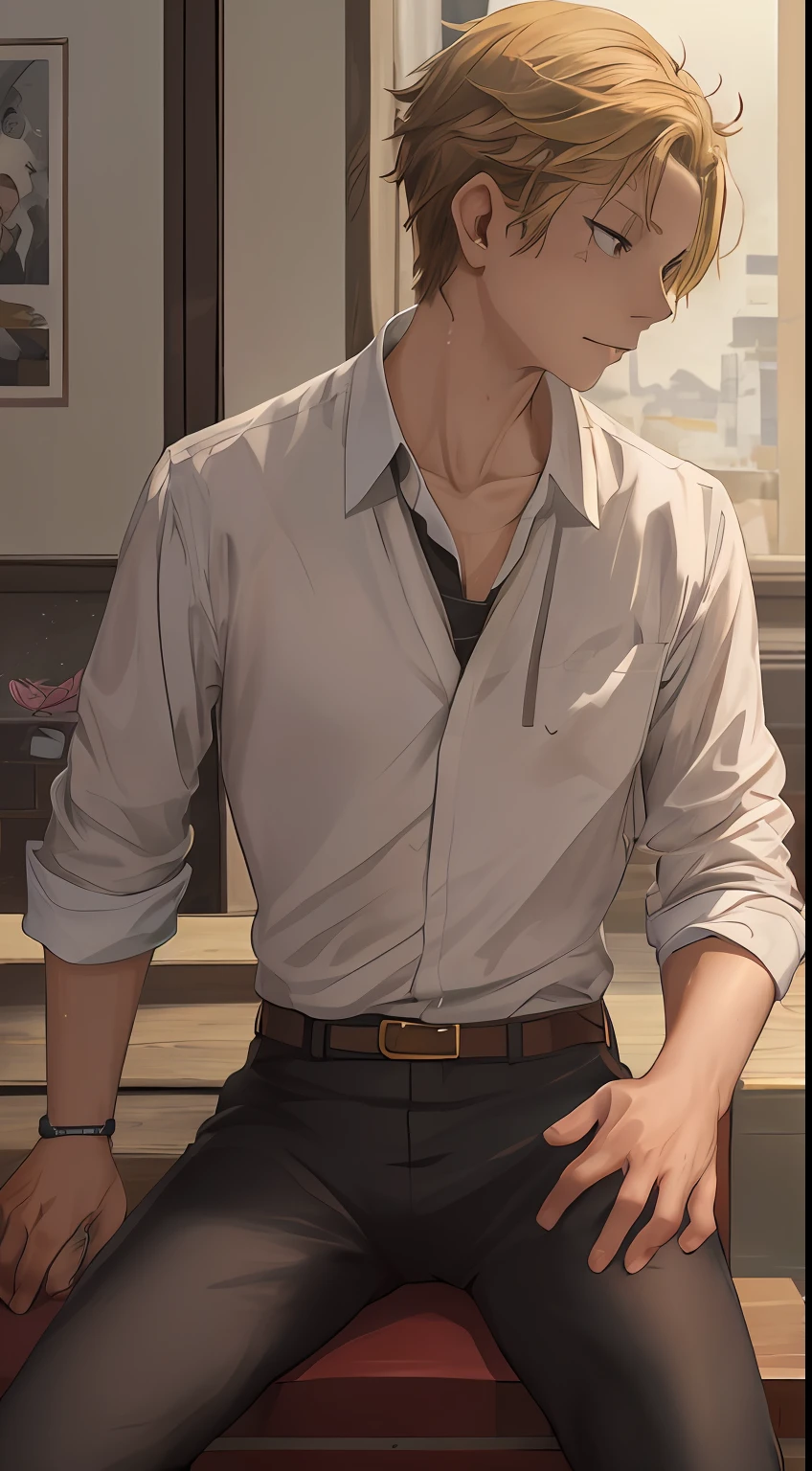 A high resolution, Sharp focus, Pixiv masterpiece, ((Complicated details)), highly detailed, natsuki_subaru, 1 man,solo person, with her mouth open,full bodyesbian,sit astride, Golden eyes(eyes glowing), blond hairbl, The shirt,Drenched,Gold tie,trousers,thongs,perspire,look from down