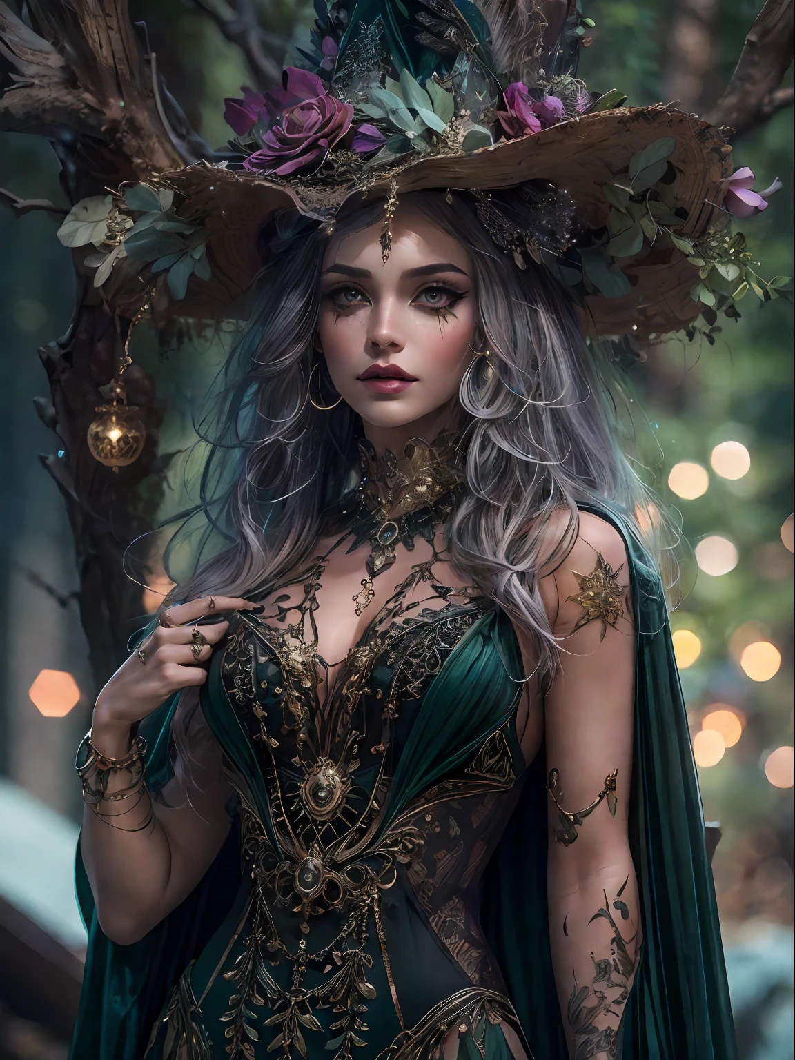 HighestQuali，tmasterpiece：1.2，Detailed details，Full body image of a beautiful forest witch in a decorative dress, exquisite facial features，Witch fashion, dynamicposes, fairy lights, Hyperrealistic, hyper-maximalist, insanely details, 4K