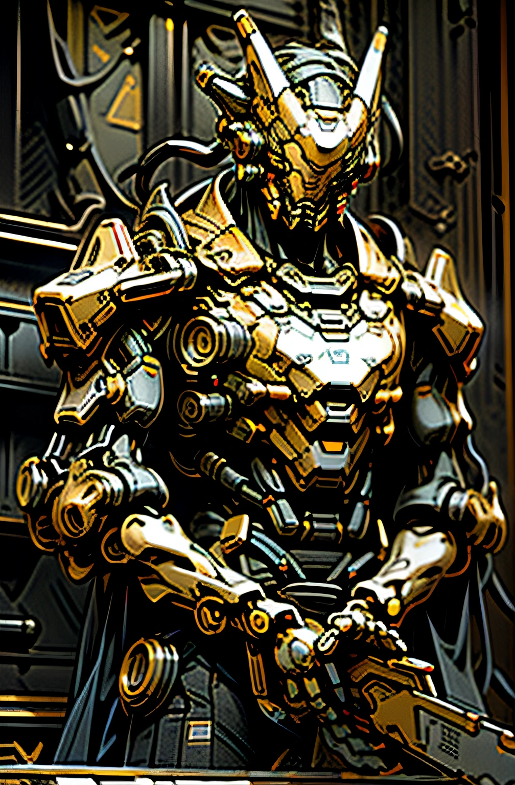 Dark_Fantasy,Cyberpunk,(chain saw,chain saw man,Red:1.1),1man,Mechanical marvel,Robotic presence,Cybernetic guardian, wearing a worn-out mech suit, intricate, (steel metal [rusty]), elegant, clear focus, shot by greg rutkowski, soft lighting, vibrant colors, masterpiece, ((street)), cowboy shot, dynamic pose,