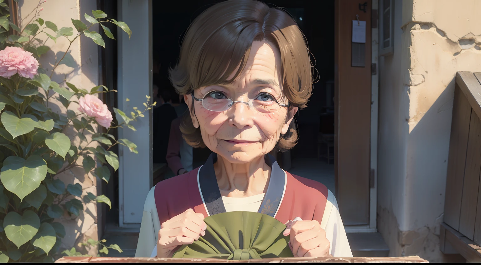 30s of the last century、A seven-year-old boy、brunette color hair、short detailed hair、exteriors、elated、Grandma's doorstep、Happy and elated、Grandma said goodbye、leaving