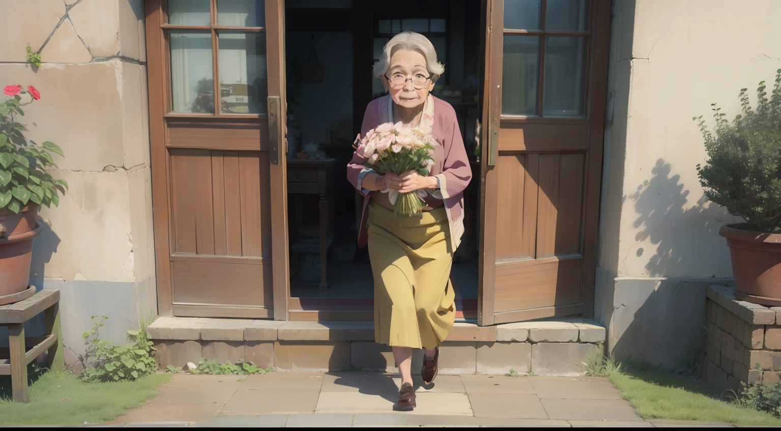 30s of the last century、A seven-year-old boy、brunette color hair、short detailed hair、exteriors、elated、Grandma's doorstep、Happy and elated、Grandma said goodbye、leaving