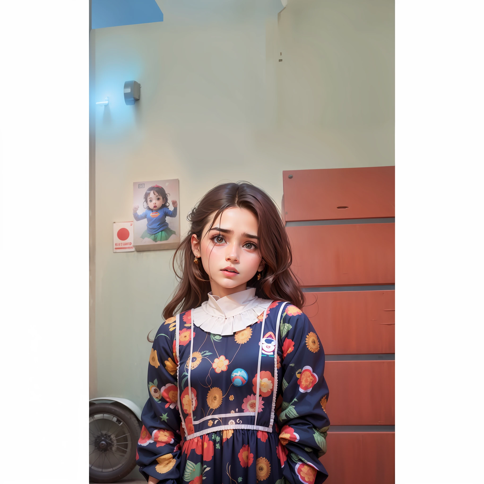 Super girl costume dress , realistic face in shalwar khameez in Pakistani streets with an old car