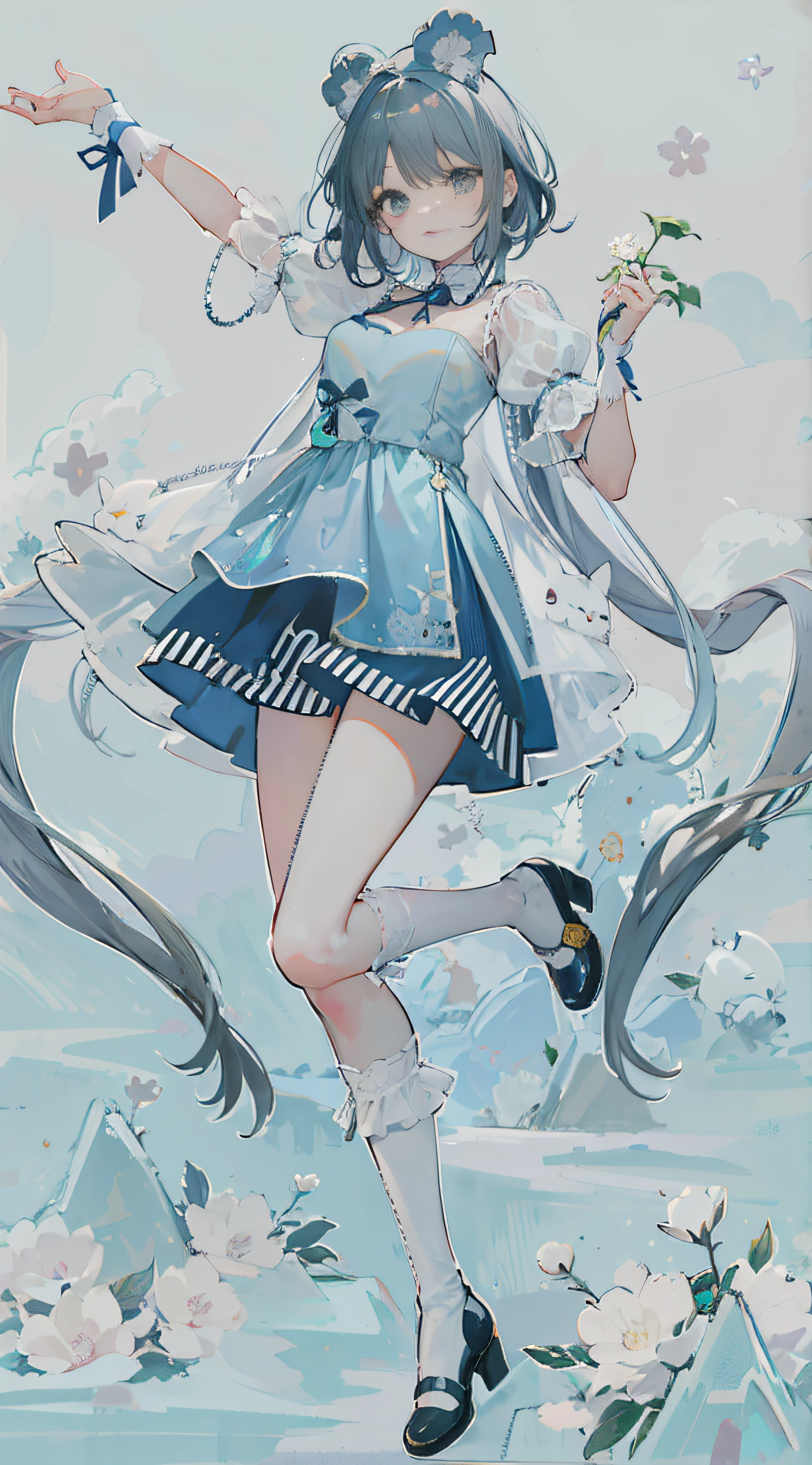 Anime girl in blue dress,Holding a flower in hand, cute anime waifu in a nice dress, in dress, (Anime girl), Soft anime illustration, Digital art on Pixiv, Pixiv style, anime art style, Anime goddess, anime moe art style, anime visual of a cute girl, Splash art anime Loliime full body illustration