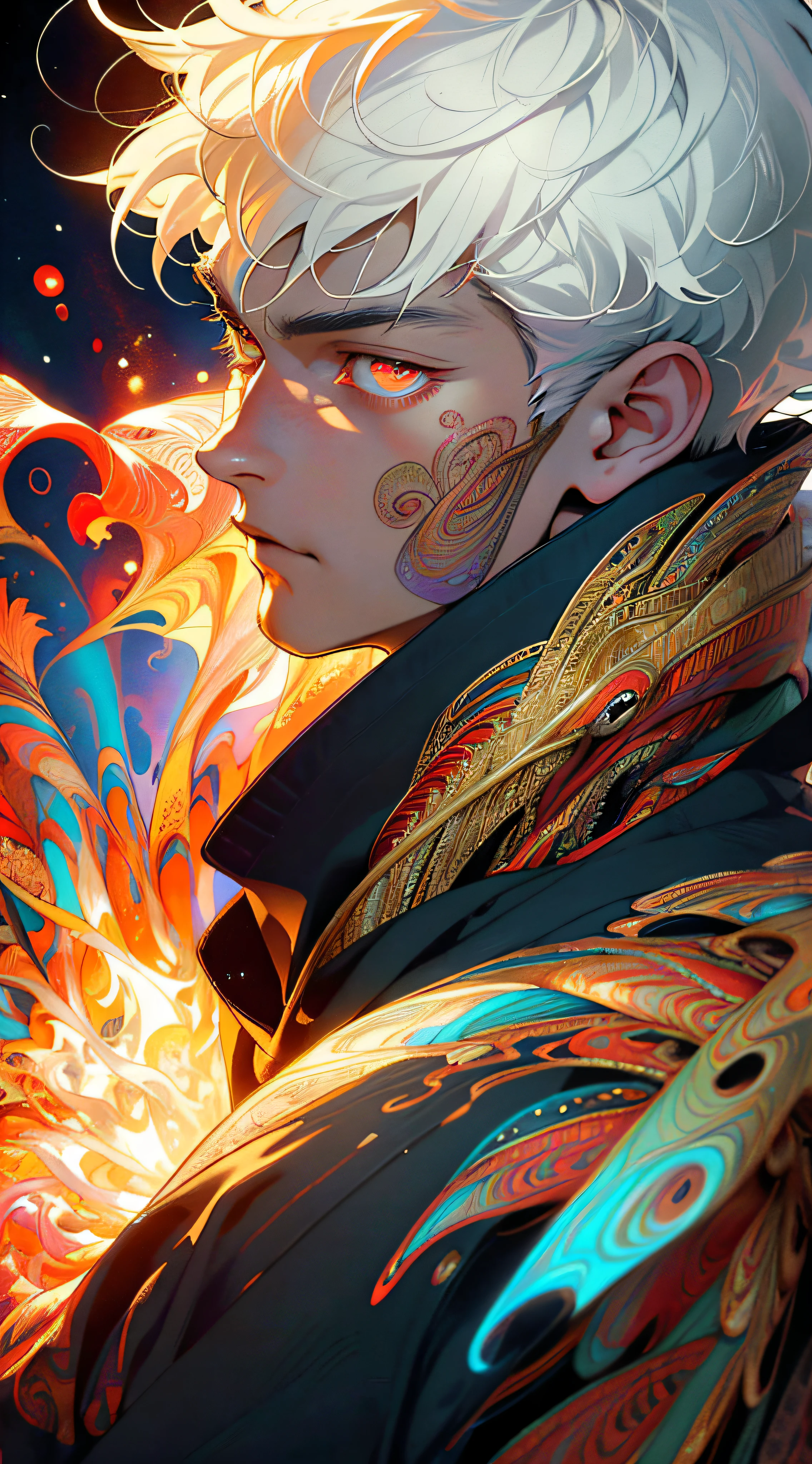 Realistic, (Masterpiece, Top Quality, Best Quality, Official Art, Beauty and Aesthetics: 1.2), Very Detailed, Fractal Art, Colorful, Most Detailed, Zentangle, (Abstract Background: 1.5) (1boy: 1.3), God, White Hair, Short Hair, (Glowing Red Eyes), Mysterious, (Magic), Ice, Handsome Man, Egyptian Style