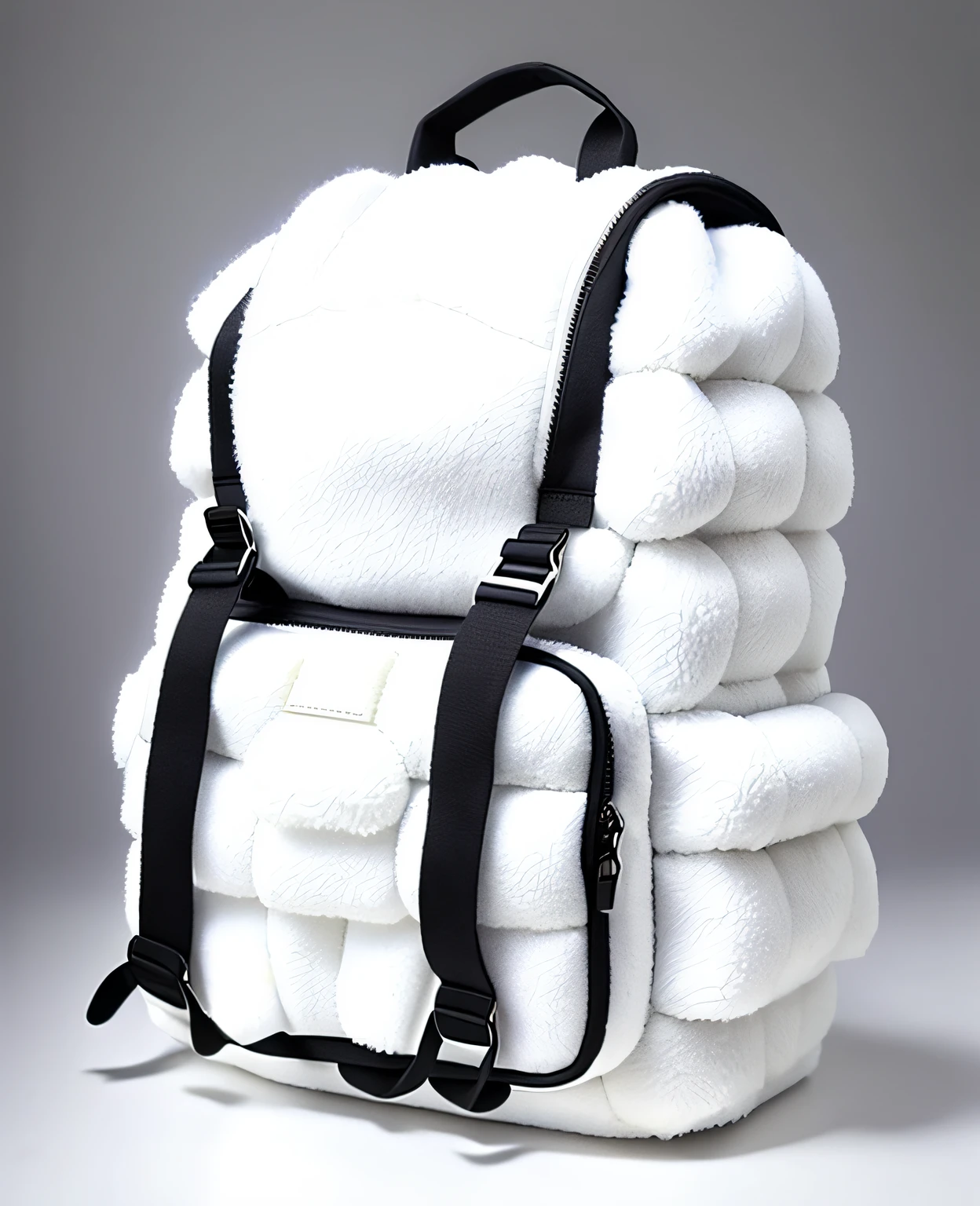 A close-up of a backpack，There is a bunch of white stuff on it，backpacks, Backpack, fluffy ebay product, Adidas, made of wool, super fluffy, white puffy outfit。