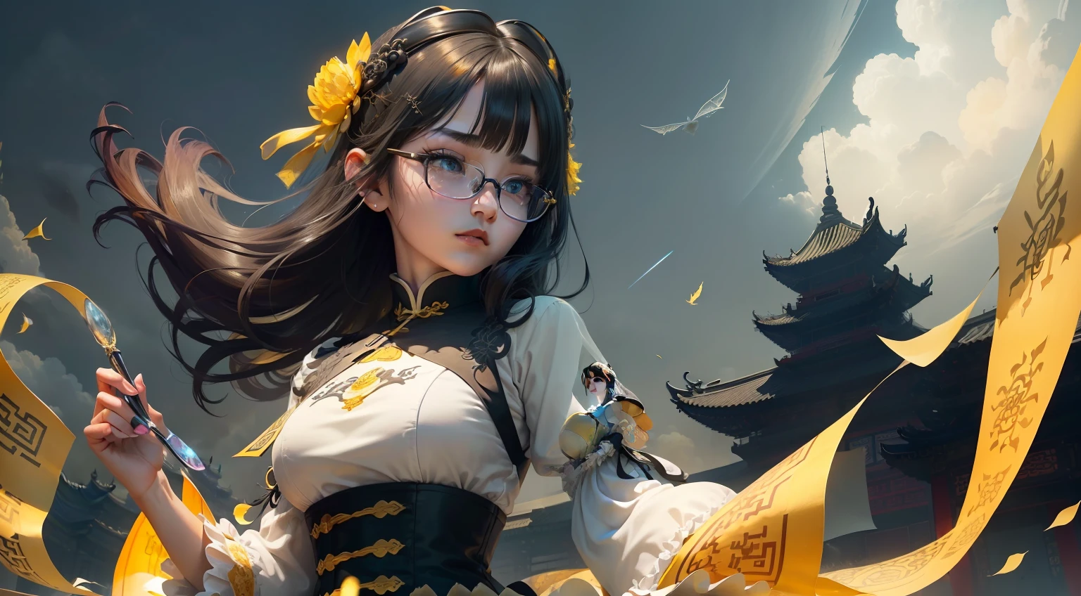 ((illustration)), ((Floating hair)), ((extremely_Detailed_Eyes_and_face)),((color difference)), ((coustics)), Lens flare, Dynamic Angle, ((Portrait)), (1 girl), ((Solo)), ((Cute face)), ((hiddenhands)), Asymmetrical bangs, eye shadows, ((Ji'an Taiji)),((colorful refraction)), (Beautiful detailed sky), ((Dark intense shadows)), ((Cinematic lighting)), ((Overexposure)), (Expressionless), Blank stare, big top sleeves, ((frilld)), (((Busty))), Pleated skirt, ((Sharp focus)), ((Masterpiece)), (((Best quality))), ((Extremely detailed)), Colorful, hdr,(((Cheongsam))),(((Delicate Chinese sword))),(((Magnificent ancient tower))),Build community,Long flowing hair,(((Mysterious Dragon))),Gentle wind,(((A sky full of yellow paper))),((A spell written on paper)),(A sky full of yellow paper),((Antique glasses)),Dragon pattern,((solemn atmosphere)),(Beautiful and delicate eyes),((Black and white dress pattern)),(Yellow glass lamp post),((mysterious)),((Chinese architecture)),Perfect face shape