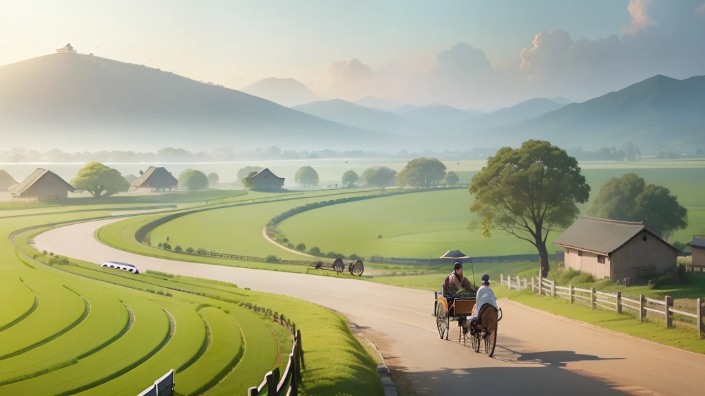 Farmland with a small road in the middle, farmers with horse-drawn carts, spring, Tang Dynasty China, countryside, pedestrians on the side of the road,best quality,The trail is higher than farmland