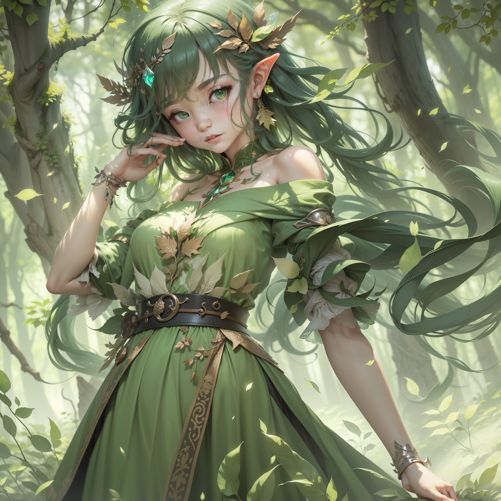 (Masterpiece, Top Quality, Best, Official Art, Beautiful and Aesthetic, Long Exposure: 1.2), Smooth Movement, Charming Patterns, 1 Girl, (Long Dress with Sleeves: 1.3), (((Green Clothes) )), bare shoulders, Chinese girl, blush, black lob hair, portrait, solo, looking at the observer, detailed background, detailed face, (crystallineAI, crystalline theme:1.1), elemental wood elf, rotation foliage, control foliage, emerald clothing, dynamic pose, floating particles, ethereal dynamics, foliage, vapor, forest in the background, green tint, forest, ethereal atmosphere