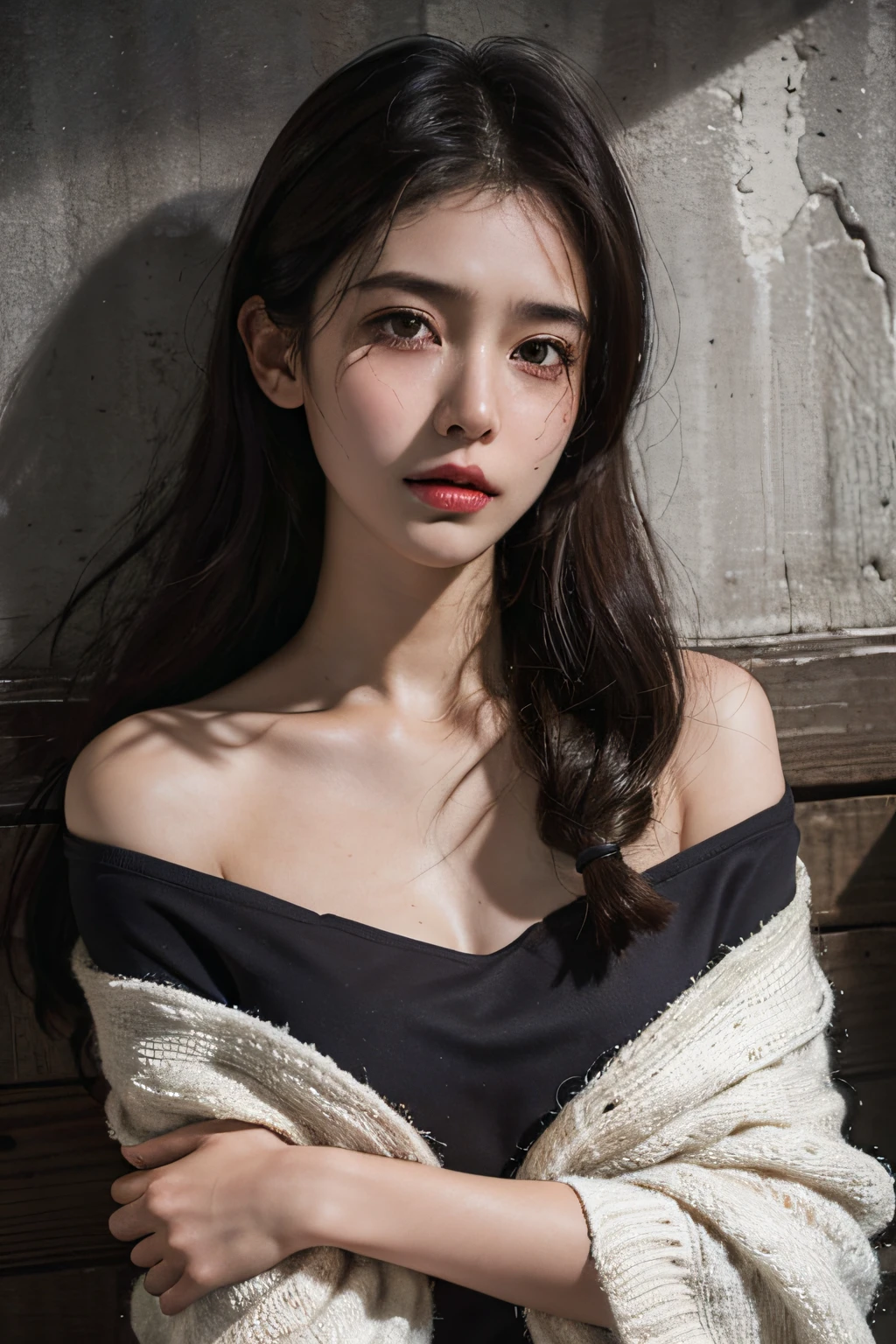 Best quality,masterpiece,ultra high res,(photorealistic:1.4),raw photo,(Authentic skin texture:1.3),(film grain:1.3),panorama,character portrait,very wide shot,narrow waist,cowboy shot,(in the dark, deep shadow, low key, cold light,) night,close-up,streaming tears,
indoor,dust,Tyndall effect,sad,disappointed,gloom (expression),sitting,(against wall),crying,frown,(head bowed),nervous,tearing up,lonely,
1girl,beautiful detailed eyes and face,white jabot,off shoulder,brown eyes,