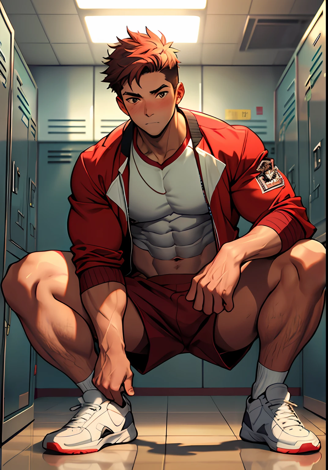 (masterpiece, best quality ), 1man, muscular, short hair, brown eyes, intricate, (locker room) , full body, white baseball uniform, open red jacket, vivid colors,(depth of field:1.2),(abs),blush, looking at viewer, on floor, spread legs,