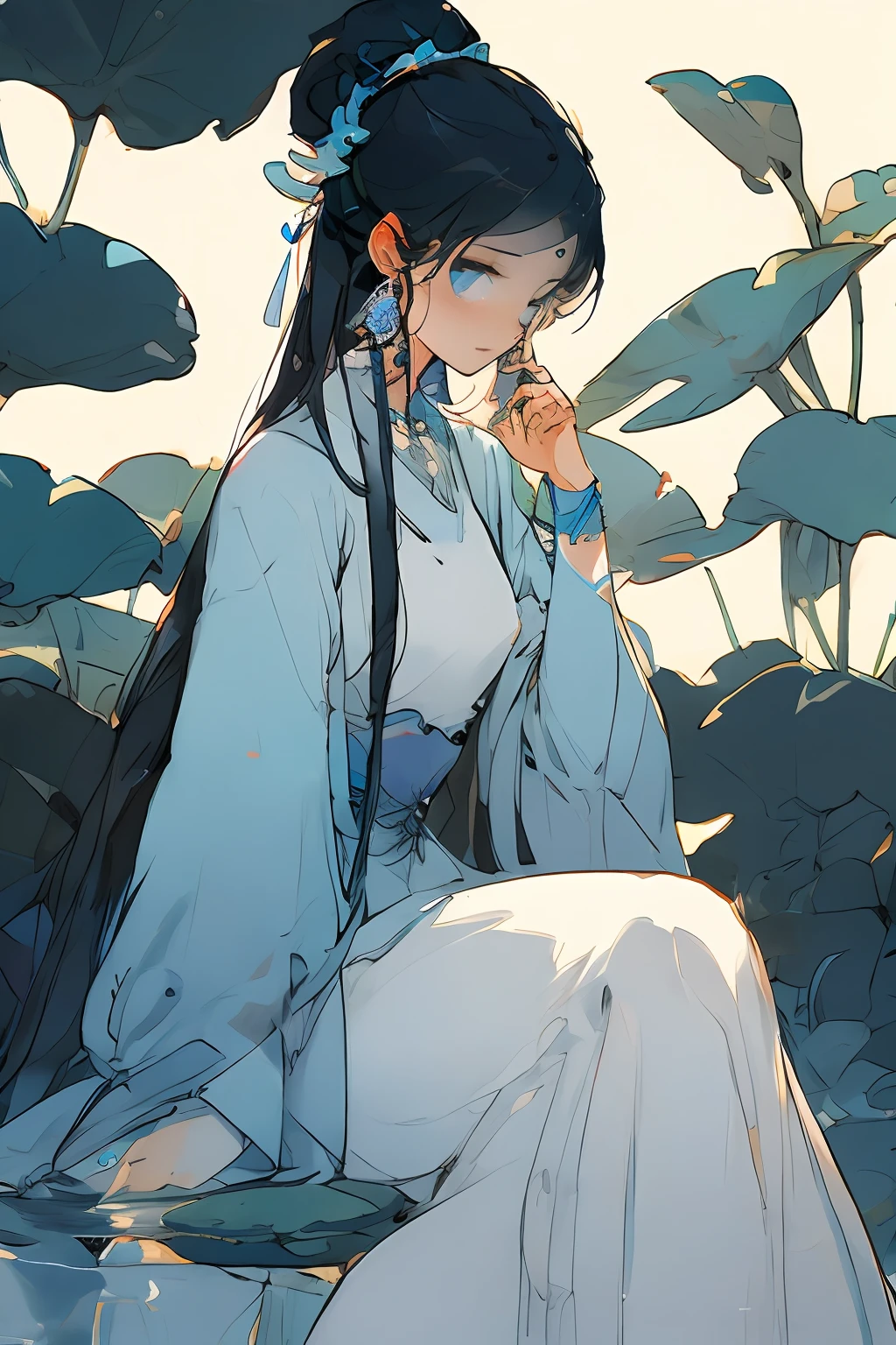 Ancient Chinese beauty sitting on stone, wearing ancient Chinese costume, flowing blue tulle, light silk, lazy pose, large lotus leaves, lotus flowers, ink painting style, clean colors, decisive cutting, white space, freehand, masterpiece, super detailed, epic composition, high quality, highest quality, 4k --v 6
