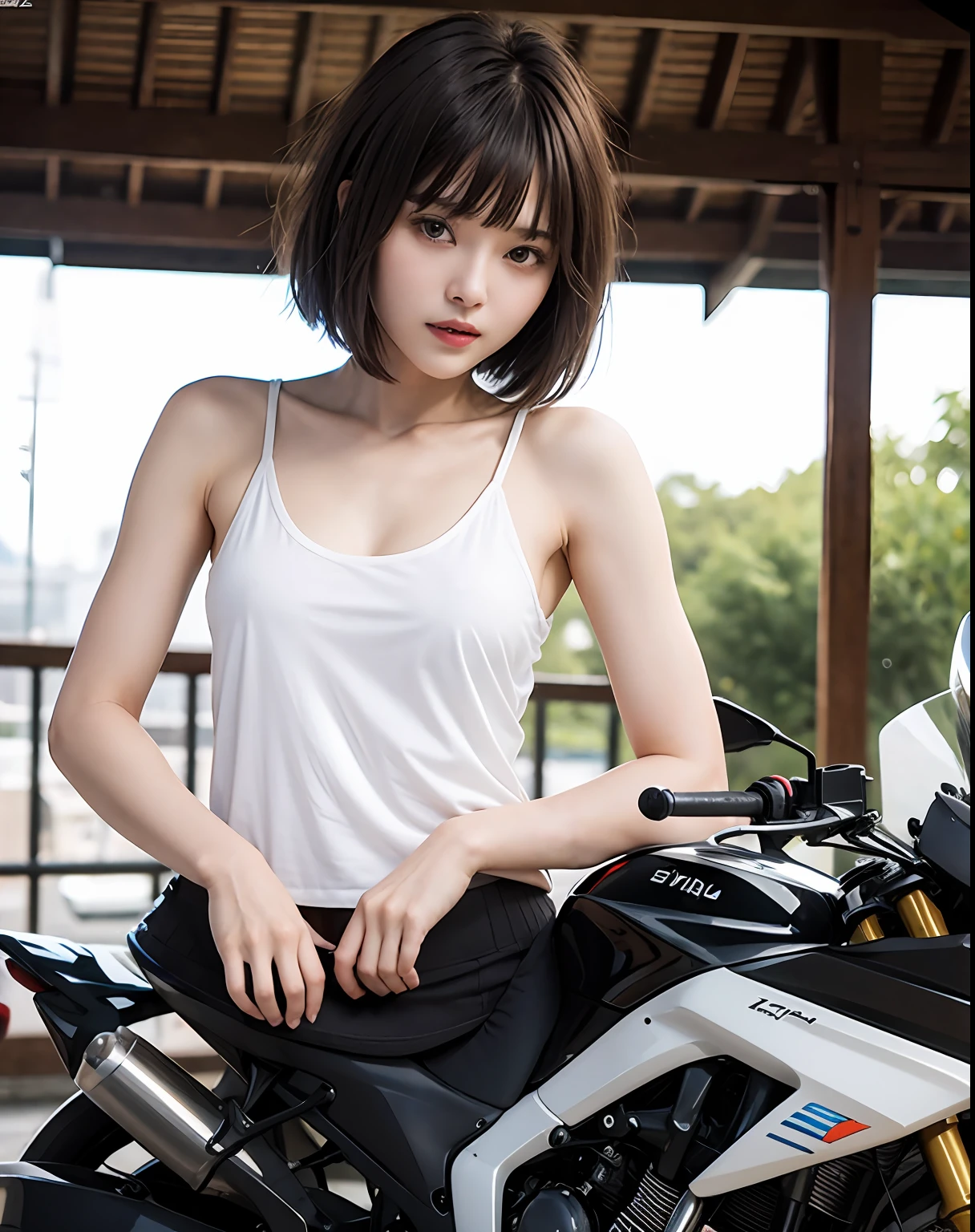 zydG, 1girl, More skin, toView, brown-eyed, (Shorthair with bangs:1.2), (middlebreast:1.0), (medium areolae:0.8),
(Photorealsitic:1.4), (Top image quality:1.0), (超A high resolution:1.0), 8K, RAW Photography, (masterpiece:0.2), (pureerosface_v1:0.5)、motor bikes