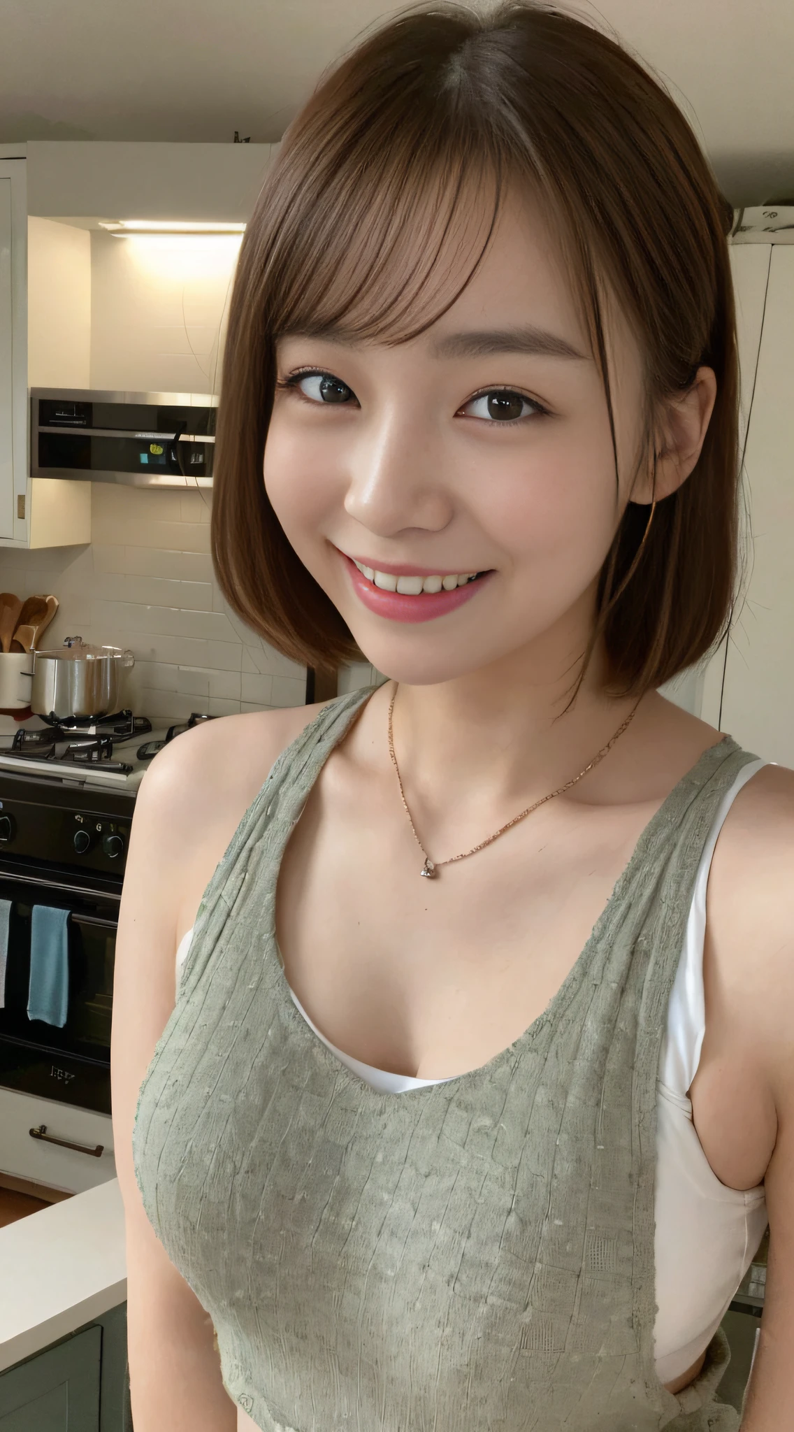 (top-quality、8K、​masterpiece:1.3)、Beautiful Women in Perfect Figure:1.4、dark brown hair、Wearing a pendant、White lingerie、in a kitchen、extremely detailed face and skin、A detailed eye、二重まぶた、Colossal tits、Excited face(sexuell)、((Sareme))、((all-fours))、NSFW