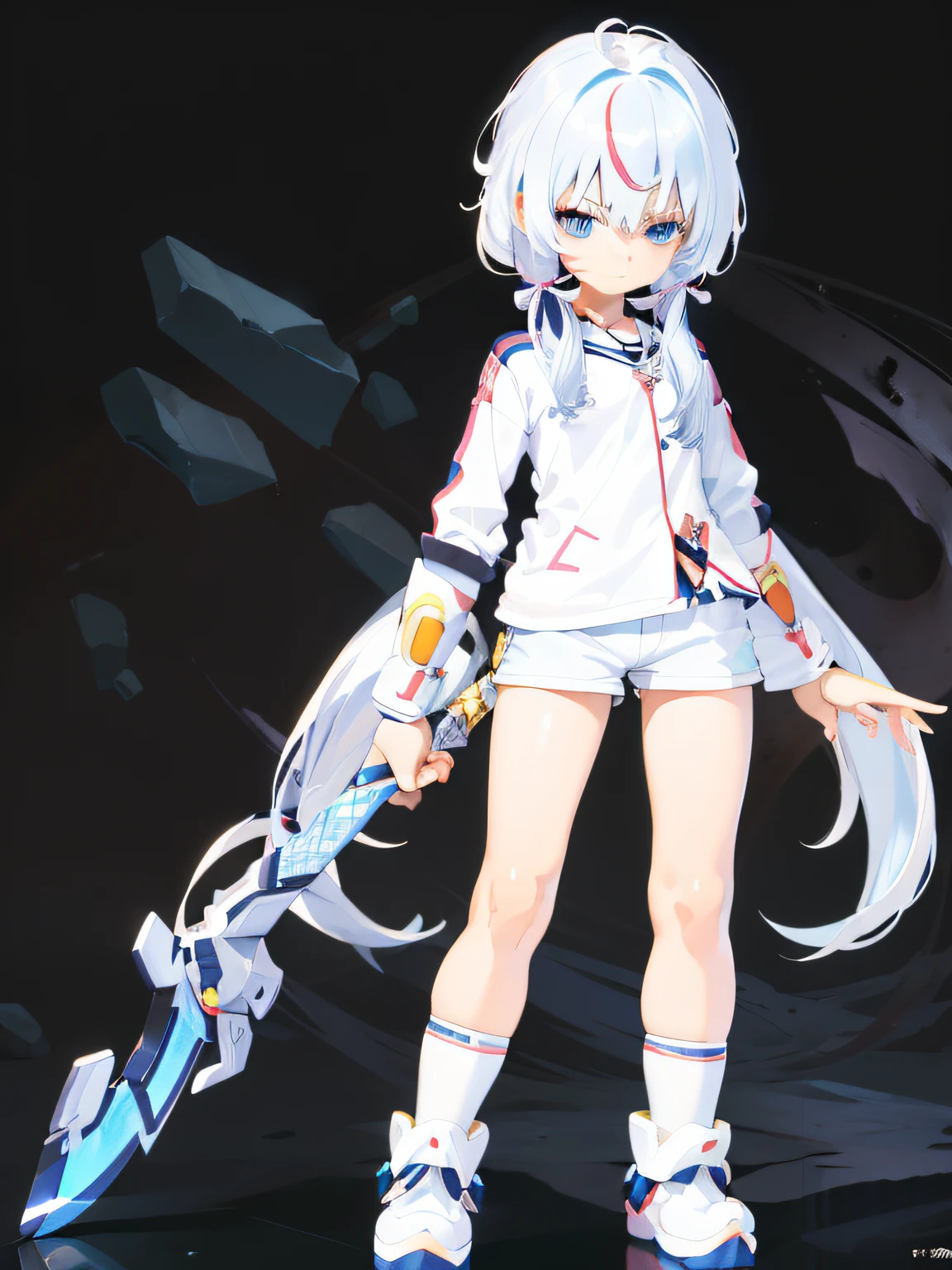 anime girl with white hair and blue eyes holding a sword, twintails white_mitts, anime styled 3d, render of a cute 3d anime girl, anime moe art style, anime style character, knights of zodiac girl, 3d anime girl, Arcane style!!!!!, white-haired god, White Cat Girl, Anime Stylization, Stylized anime