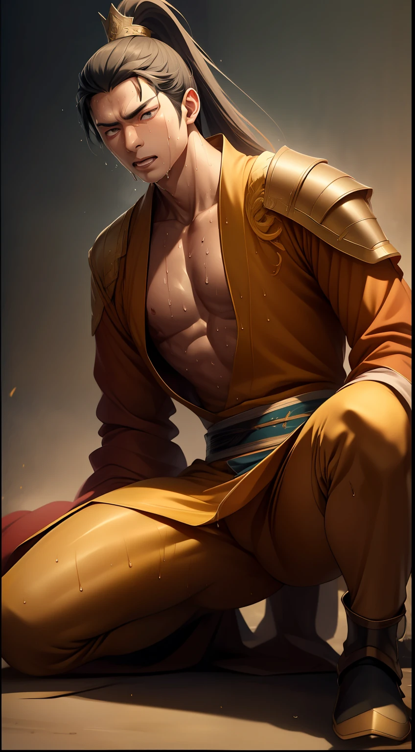 1 male, sweating, open mouth, drooling, wet, wet, sweaty pectorals, sweaty abs, sweaty crotch, golden costume Hanfu, dragon robe, handsome face, highest image quality, dark skin, high ponytail long hair, detail Hanfu, wearing arm guards, armor, leg guards, leggings, boots (ancient Chinese military boots), looks like a general, squat, forked legs squat, half squat, sweaty crotch, crotch shape, crotch sweat, long legs, leg contour, thigh close-up, calf close-up, perfect legs