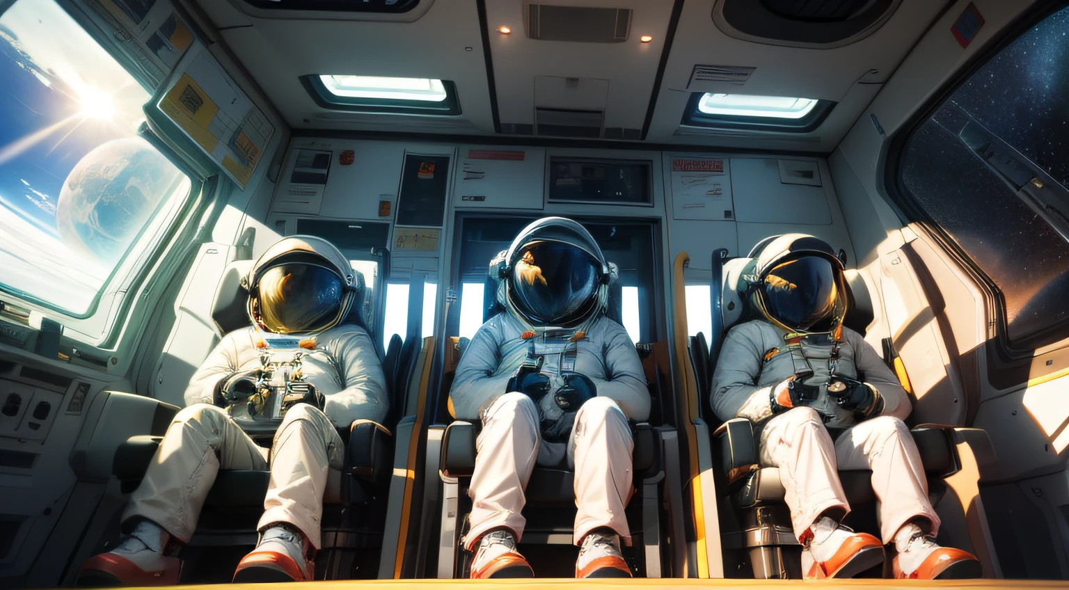 The astronauts sit in their seats,Look out the window。In space,The sun is slowly setting。Strong sense of picture,There is a futuristic style。