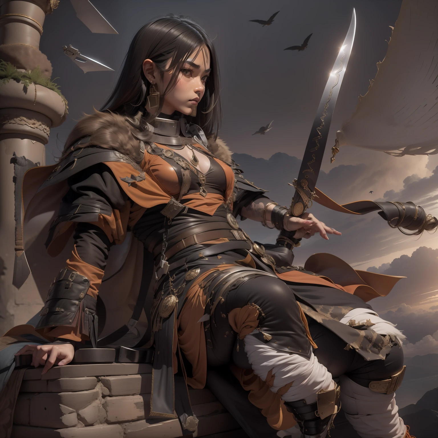 3 d model,Caramel macchiato, arma, The sword, halter, holdingweapon, 32K, Linen cloak, Top quality, Masterpiece:Faust,,1boys, long whitr hair, clouds, On your stomach, (tmasterpiece,k hd,hyper HD,16k),clutching a sword, buliding, Reflectors, bloods, Eastern Asia, Weapon focus, Skysky, brunette color hair, knifes, trouser, firey, banya, The clothes ar, bandagens, sword sheath, Masks, 独奏