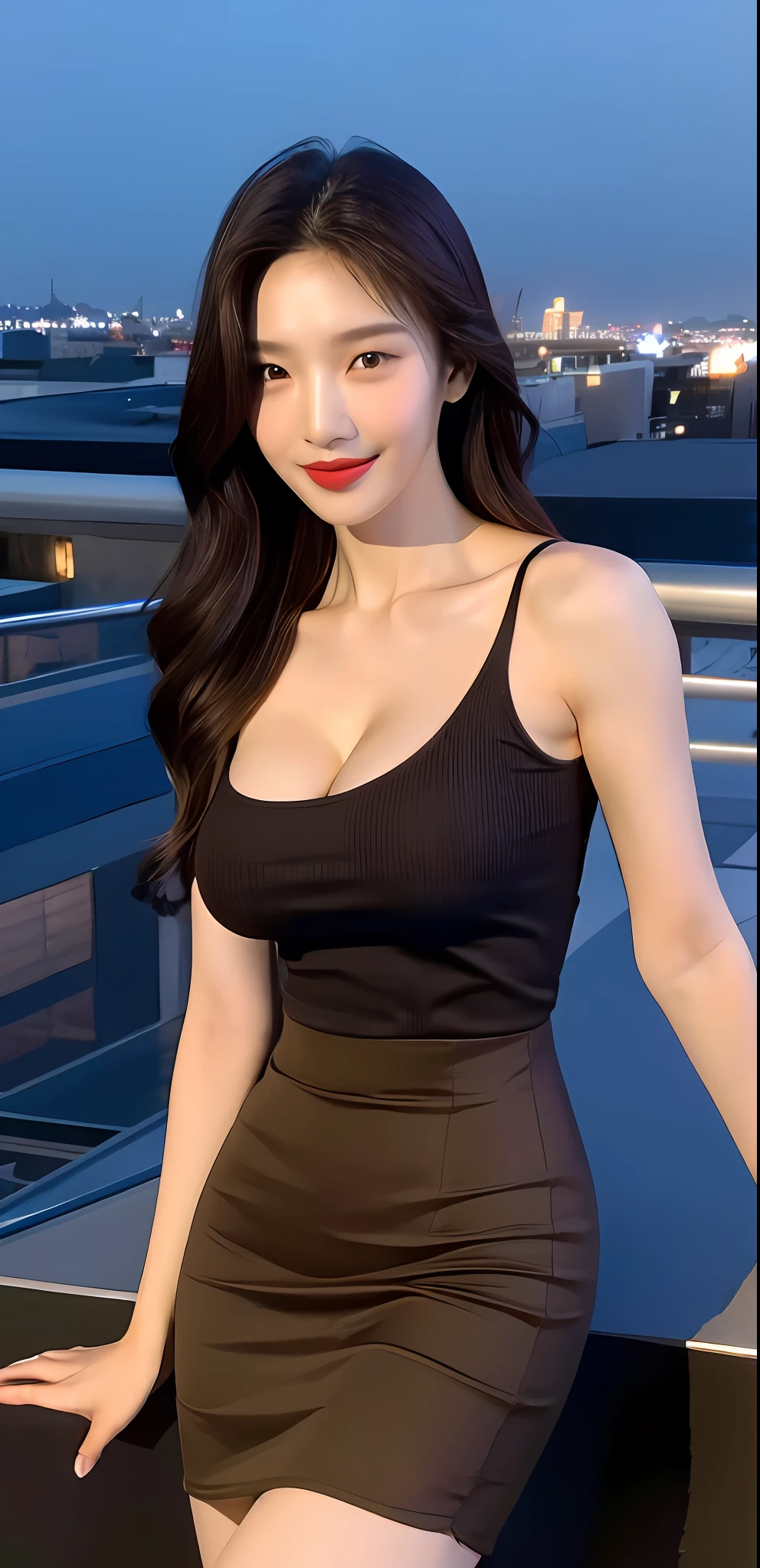 ((Midnight, Best quality, 8k, Masterpiece :1.3)), Whole body, Long legs, Sharp focus :1.2, A pretty woman with perfect figure :1.4, Slender abs :1.1, ((Dark brown hair, Big breasts :1.2)), (tanktop, skirt, Standing:1.2), ((Night city view, Rooftop:1.3)), Highly detailed face and skin texture, Detailed eyes, Double eyelid, slightly smile