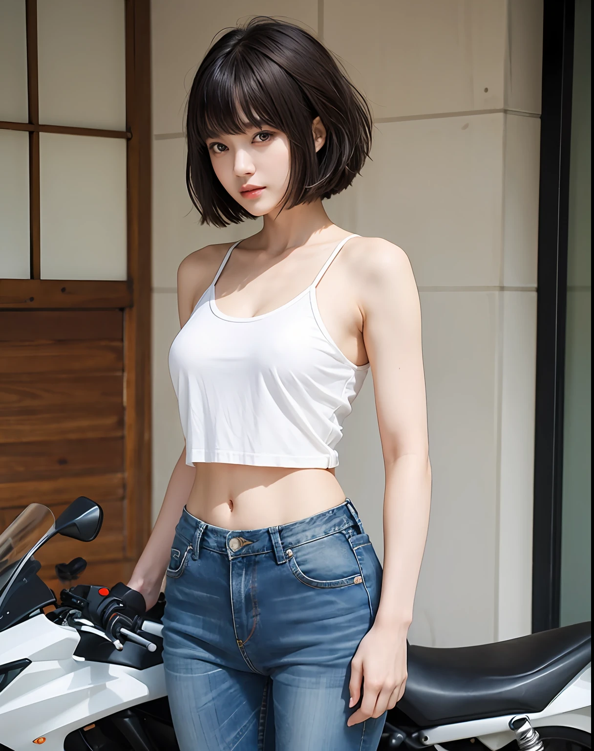 zydG, 1girl, More skin, toView, brown-eyed, (Shorthair with bangs:1.2), (middlebreast:1.0), (medium areolae:0.8),
(Photorealsitic:1.4), (Top image quality:1.0), (超A high resolution:1.0), 8K, RAW Photography, (masterpiece:0.2), (pureerosface_v1:0.5)、motor cycle、Leather Jean