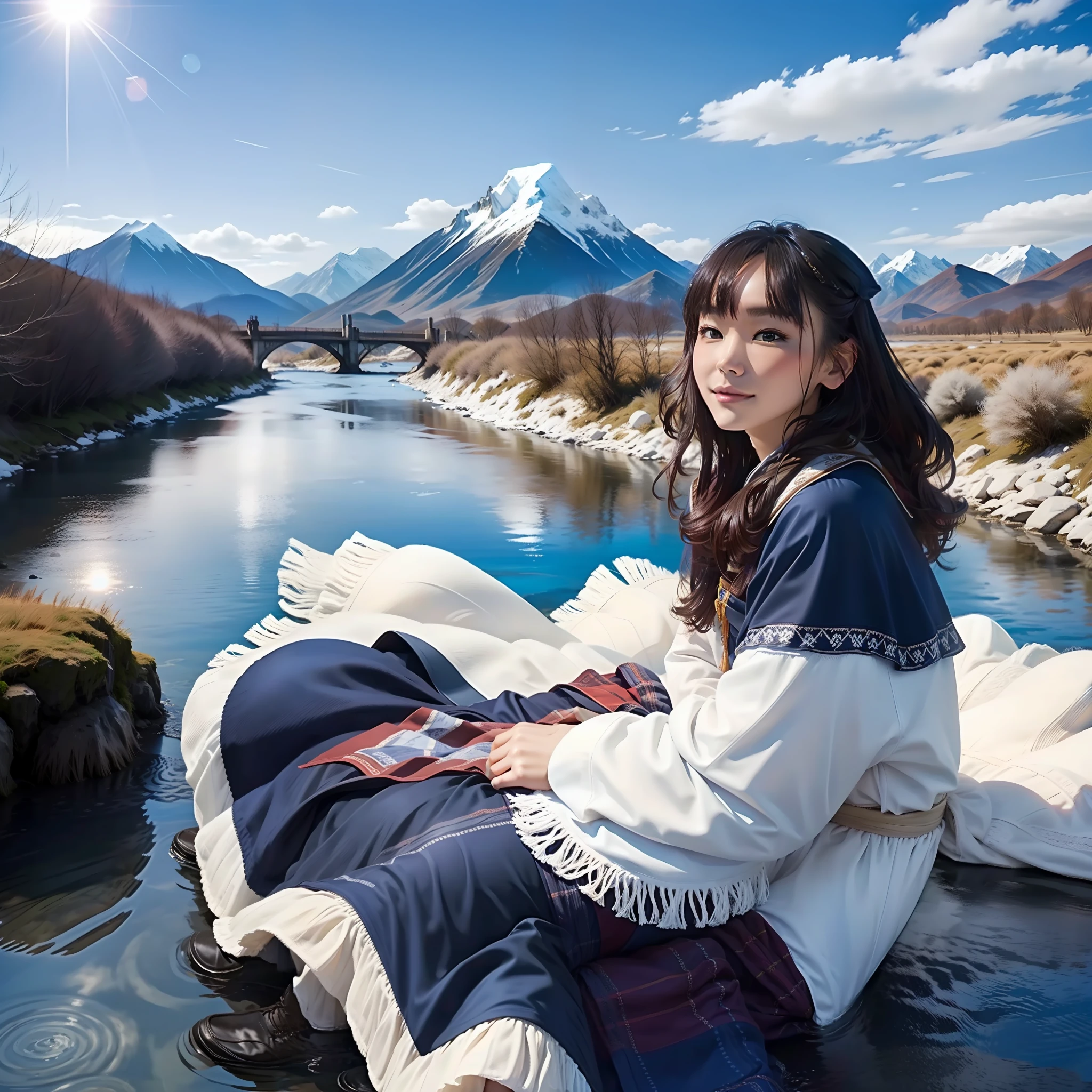 Beautiful woman sitting on the riverbank,The head is covered with a blanket,Cloak with blue and white pattern,Furry cape,夏天,light wind,The weather was nice,blue-sky,baiyun,there are snow-capped mountains in the distance,The river is clear, sittinng on the river, peacefully drinking river water, beside a river, she is walking on a river, beside a river, near a river, gazing at the water, beside a river, next to a small river, covered with blanket, Sparkle in a flowing stream, stunning visuals,filmcamera,Very intentional,Real scenery