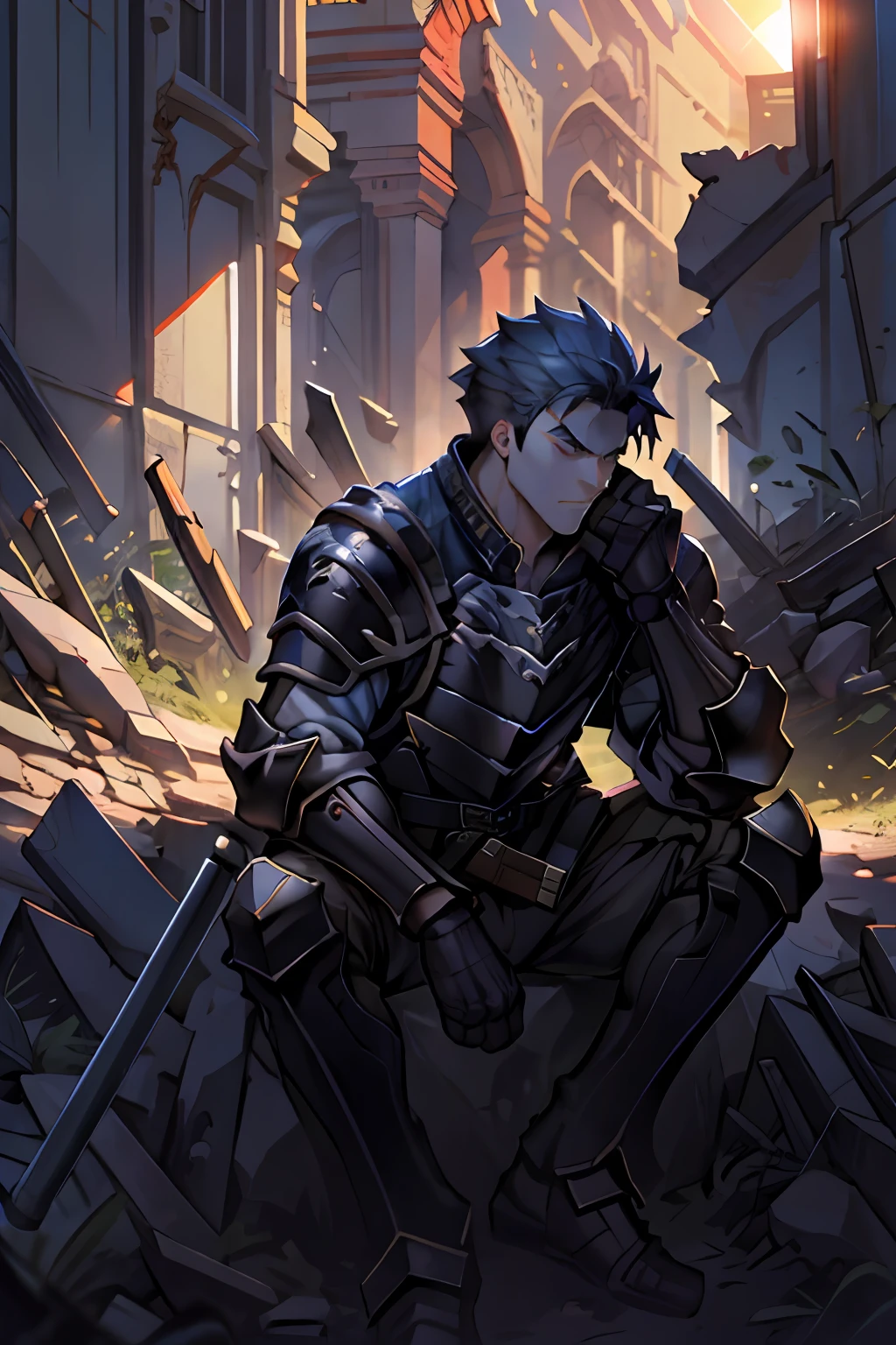 Draw a young armored warrior（Man），Sitting on the ruins of the battlefield。He was wiping his lightsaber，It is surrounded by ruins。Dramatic illuminations from the setting sun illuminate the scene，A deep shadow was cast on the combat uniform and armor。The young man looks sad and vicissitudes，Look at the dilapidated and dim ruins with determination and determination，Short hair，Warrior shots，