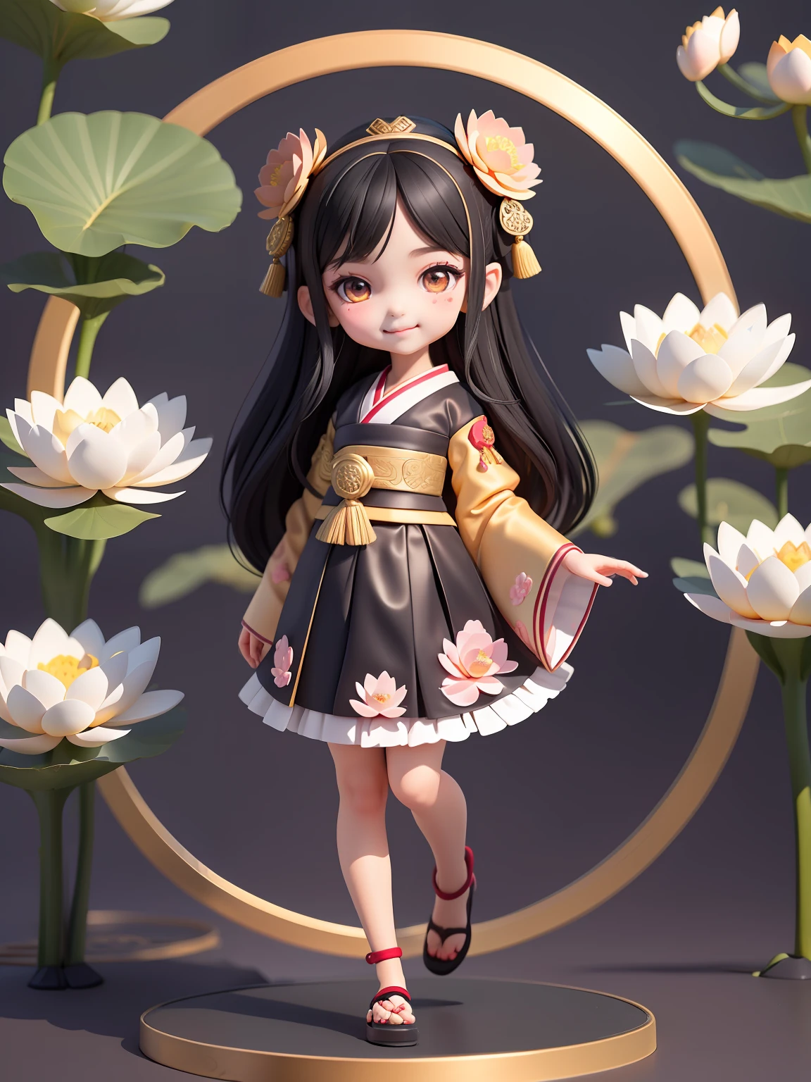 (masterpiece), (best quality), (super detail), (full body: 1.2), one very cute  girl with black hair and blush, lotus flower, shrine, black hair, blush sticker, red priestess hakama, flower (beautiful detailed face), (beautiful detailed eyes), smiling, hugging stuffed animal,