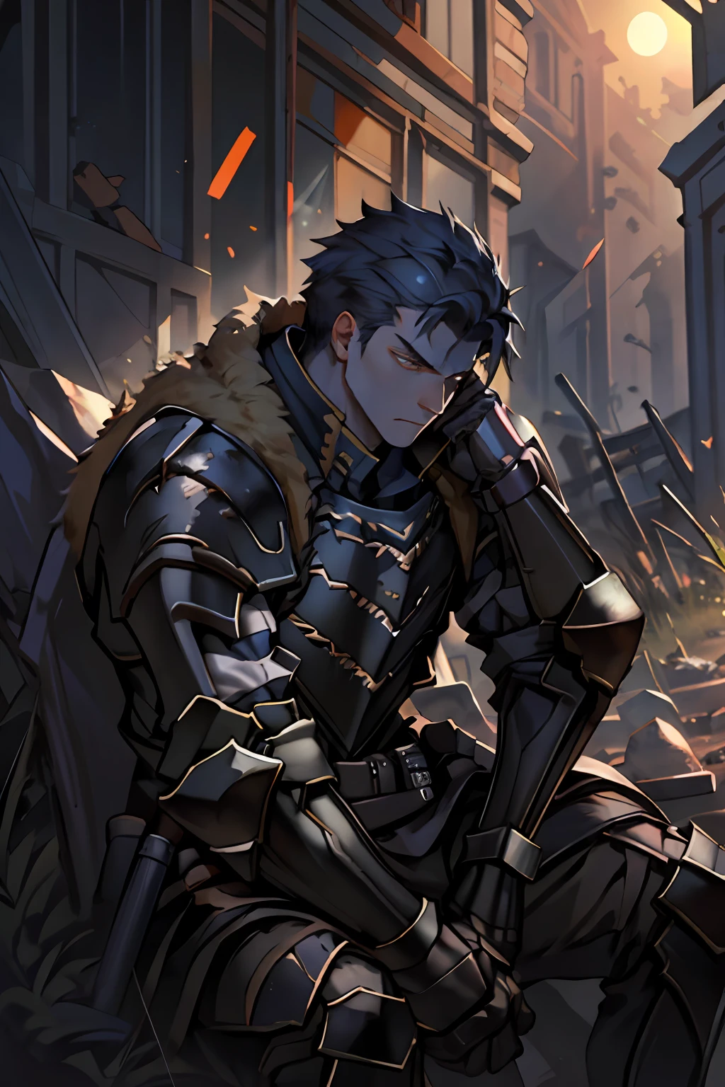 Draw a young armored warrior(Man),Sitting on the ruins of the battlefield。He was wiping his lightsaber,It is surrounded by ruins。Dramatic illuminations from the setting sun illuminate the scene,A deep shadow was cast on the combat uniform and armor。The young man looks sad and vicissitudes,Look at the dilapidated and dim ruins with determination and determination,Short hair,Warrior shots,